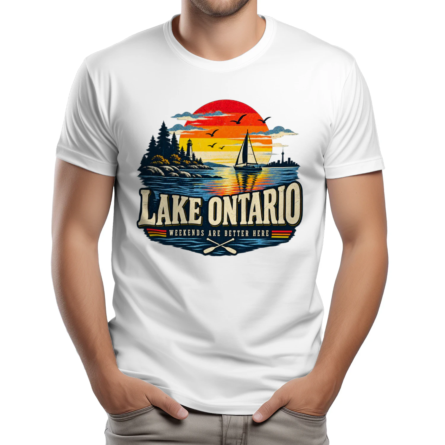 Lake Ontario Vintage Sunset T-Shirt, Great Lakes Retro Lake Shirt, Ontario Vacation Gift
