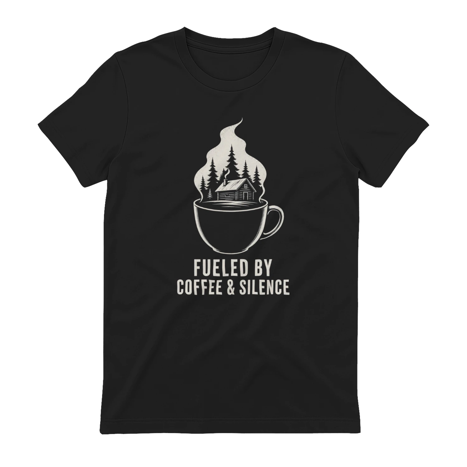 Fueled by Coffee & Silence – Scandinavian Minimalist Coffee T-Shirt | Nordic Cabin Graphic Tee | Finnish Coffee Lover Gift