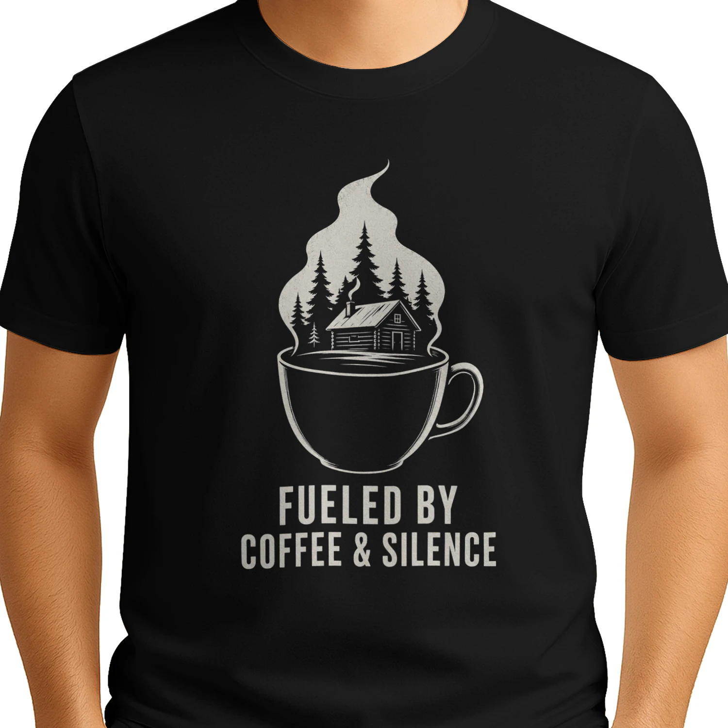 Fueled by Coffee & Silence – Scandinavian Minimalist Coffee T-Shirt | Nordic Cabin Graphic Tee | Finnish Coffee Lover Gift