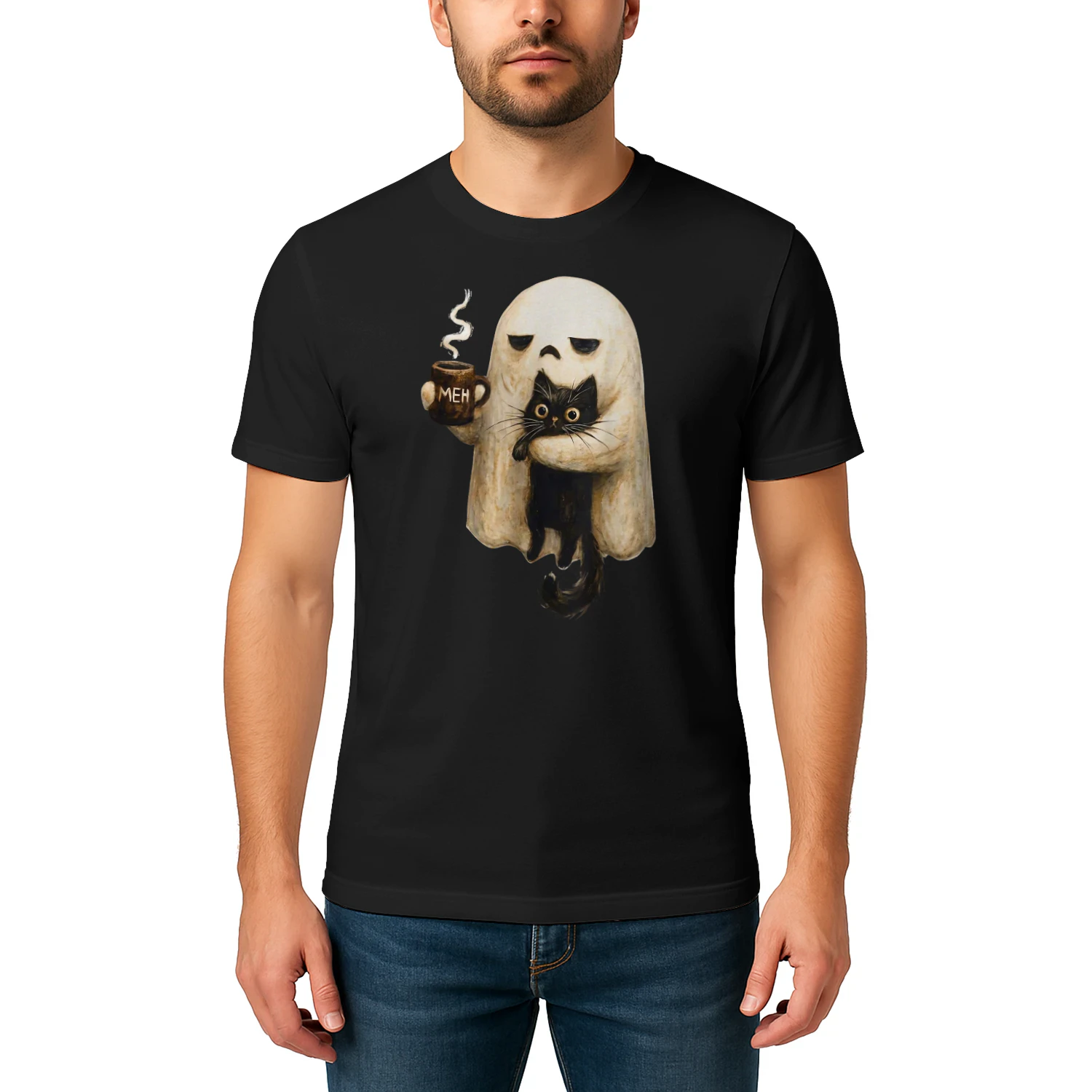 Cozy Ghost Black Cat Coffee Halloween 