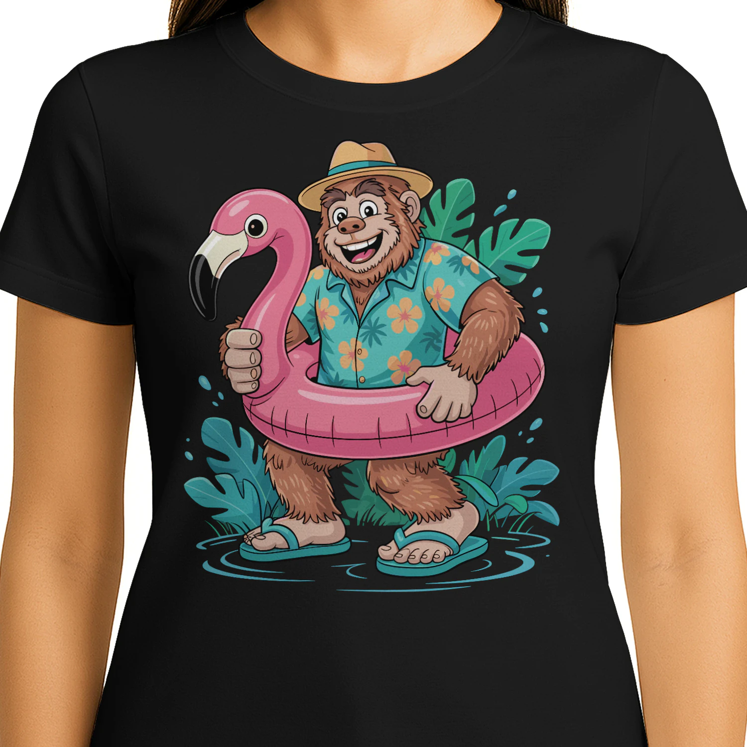 Funny Tropical Bigfoot Vacation | Sasquatch Hawaiian Shirt & Flamingo Float