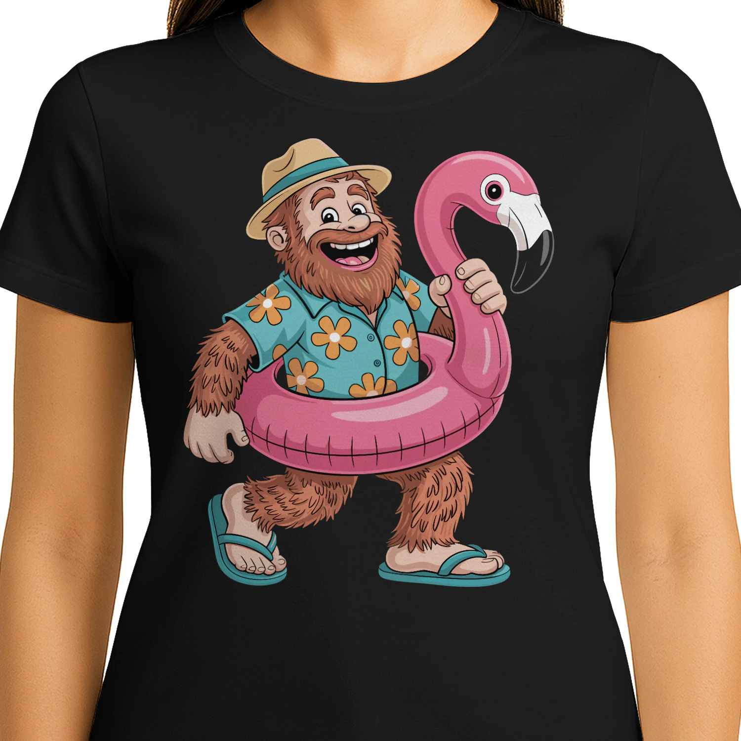 Funny Bigfoot Vacation Mode | Sasquatch Hawaiian Shirt & Flamingo Float