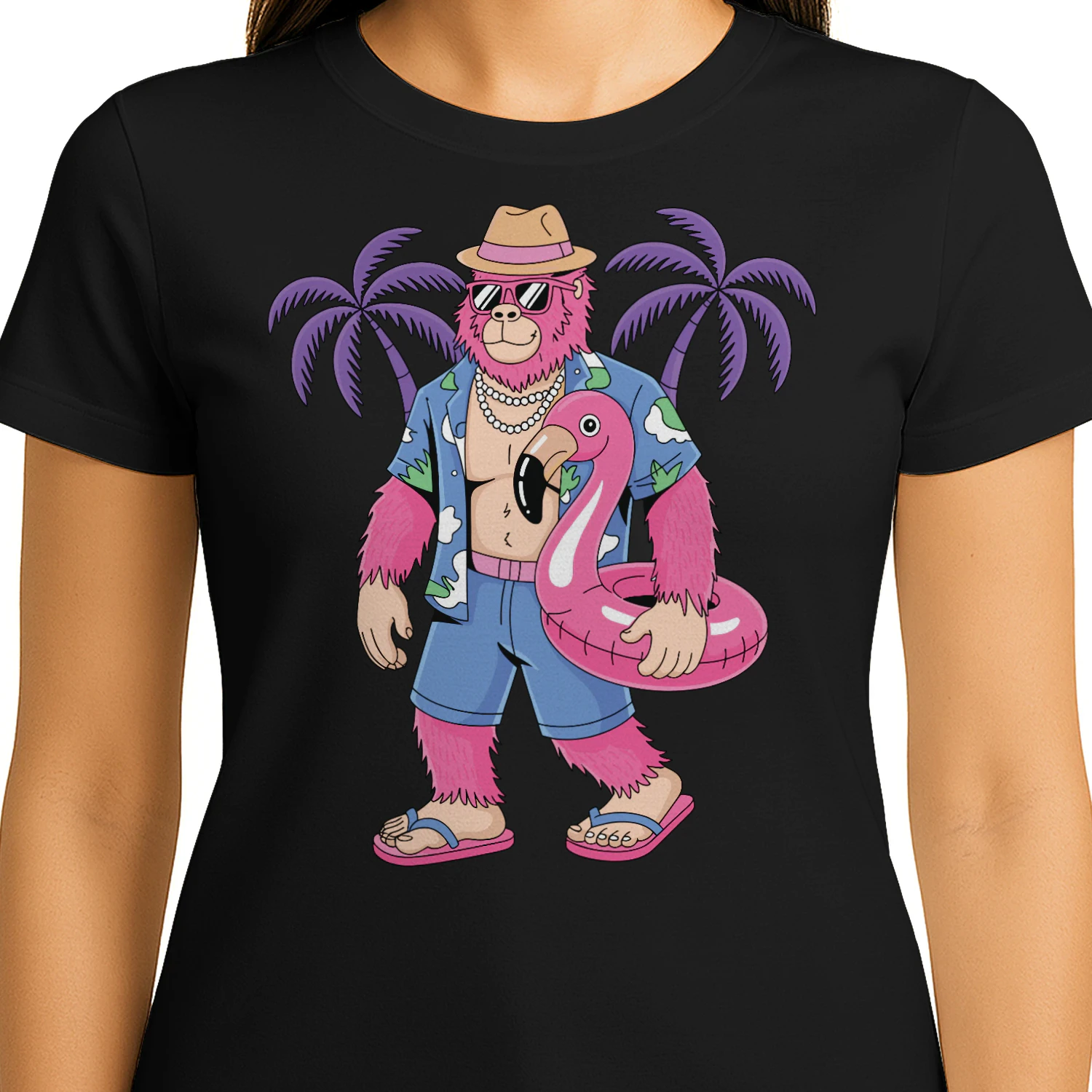 Cool Pink Bigfoot Tropical Vacation | Retro Sasquatch Beach & Cruise Outfit