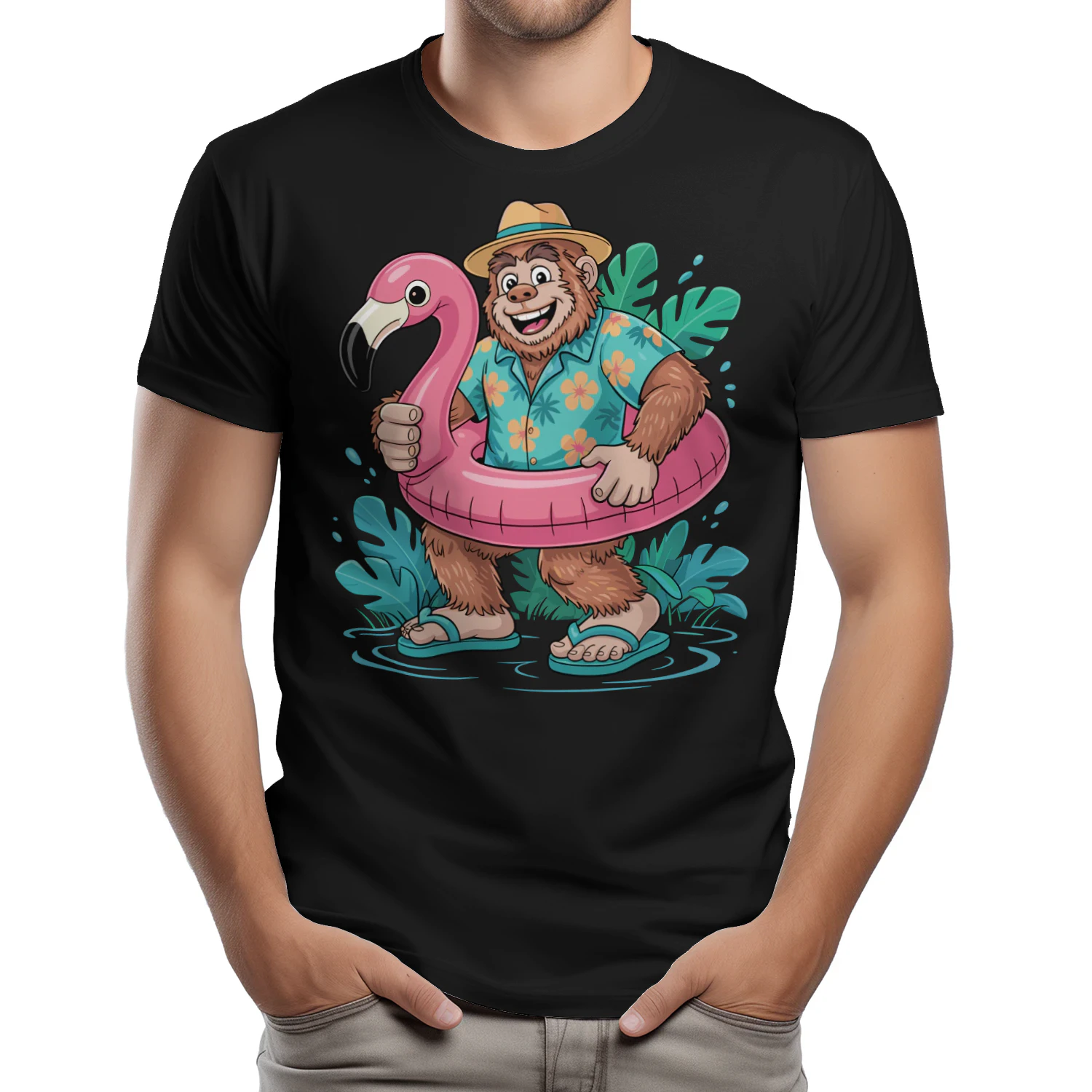 Funny Tropical Bigfoot Vacation | Sasquatch Hawaiian Shirt & Flamingo Float