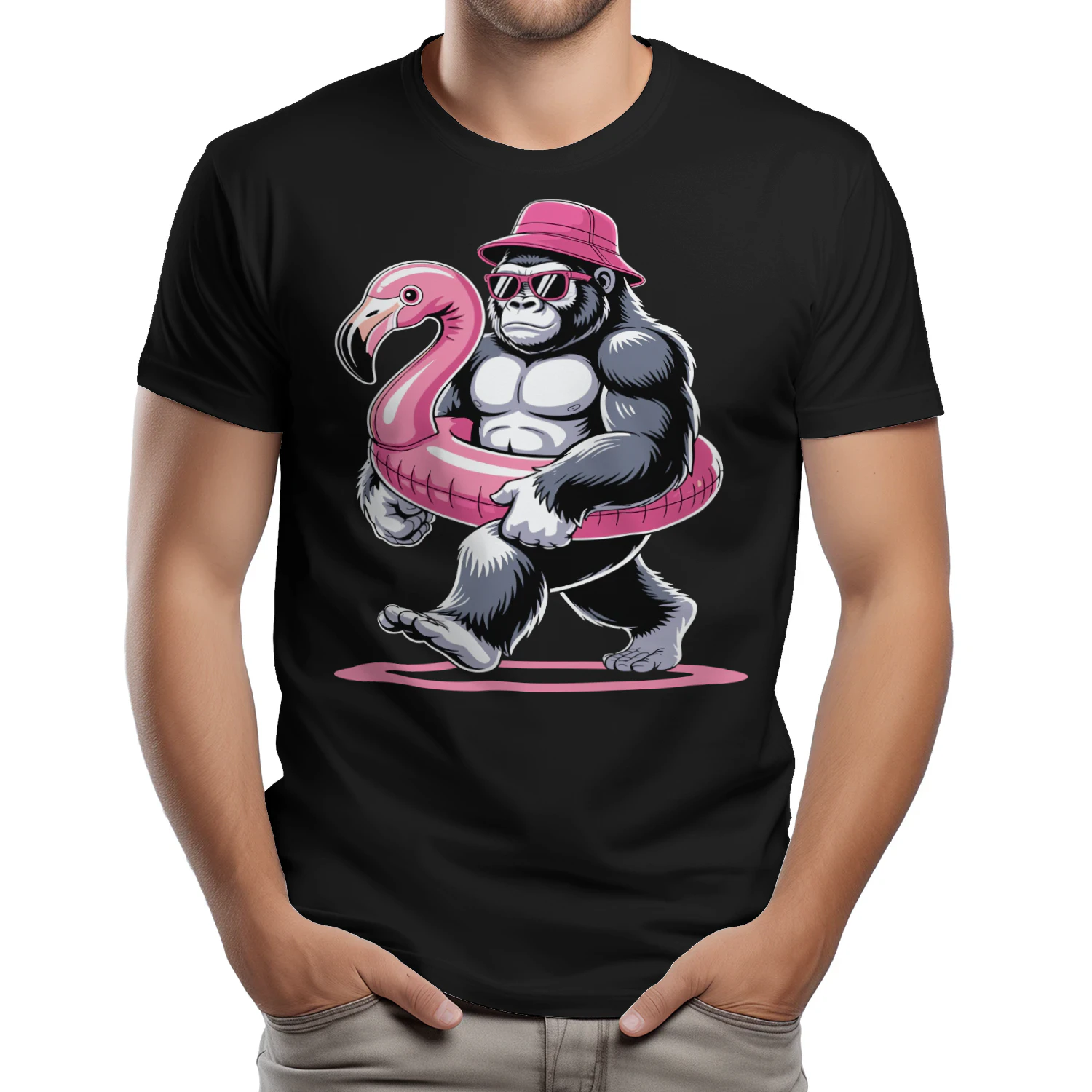 Cool Beach Gorilla Vacation | Funny Ape Bucket Hat & Flamingo Float Outfit