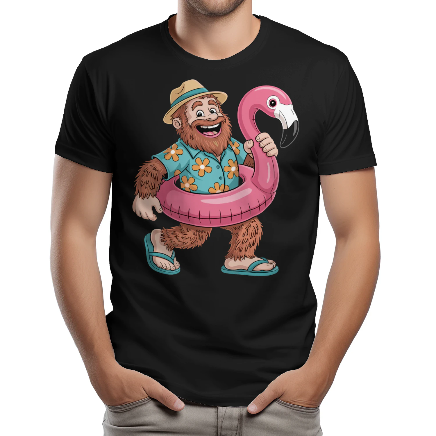 Funny Bigfoot Vacation Mode | Sasquatch Hawaiian Shirt & Flamingo Float