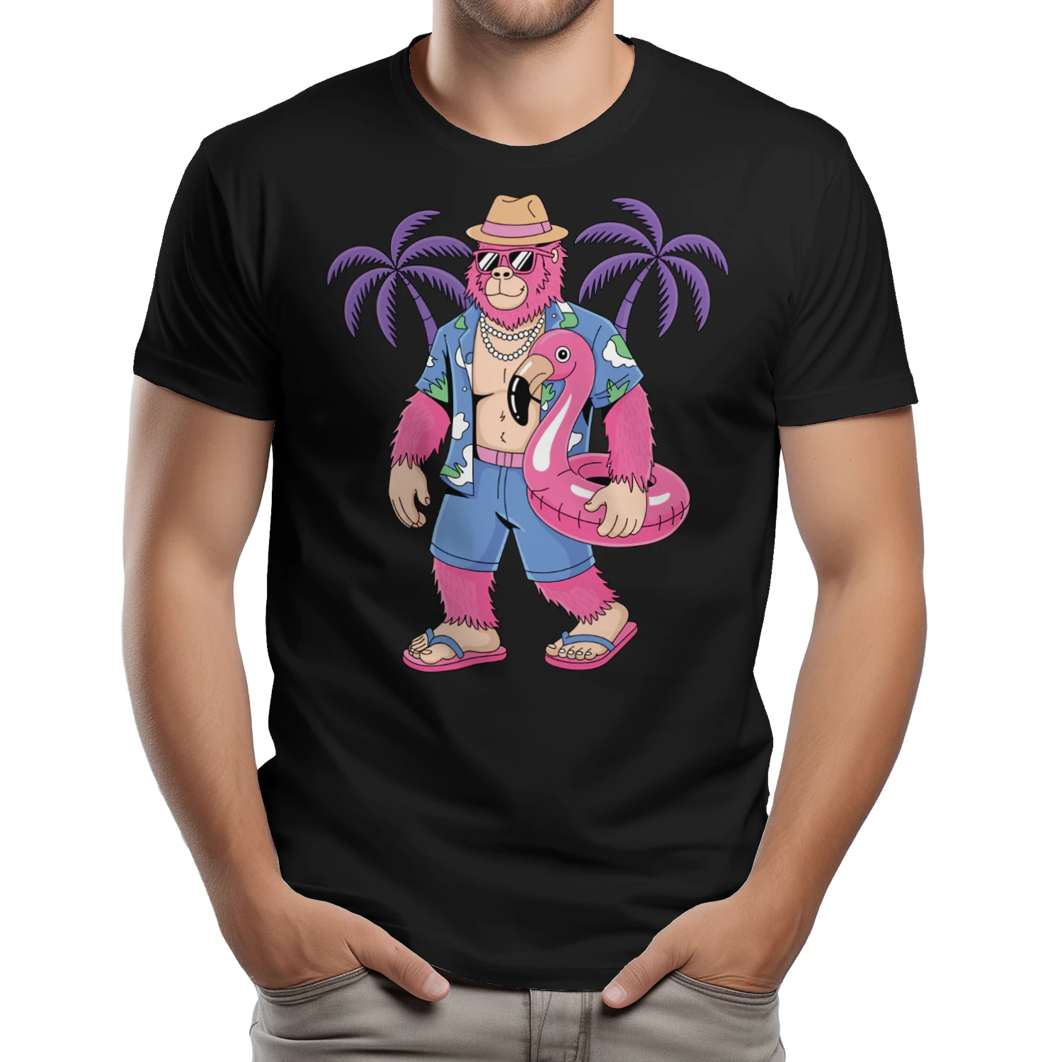 Cool Pink Bigfoot Tropical Vacation | Retro Sasquatch Beach & Cruise Outfit