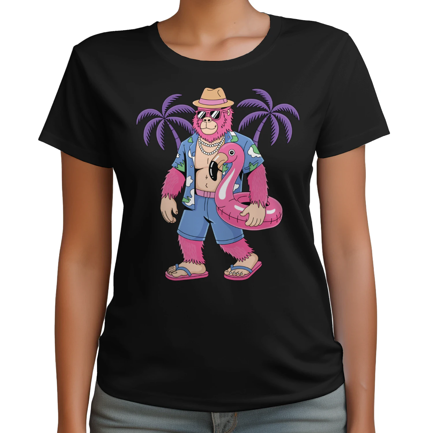 Cool Pink Bigfoot Tropical Vacation | Retro Sasquatch Beach & Cruise Outfit
