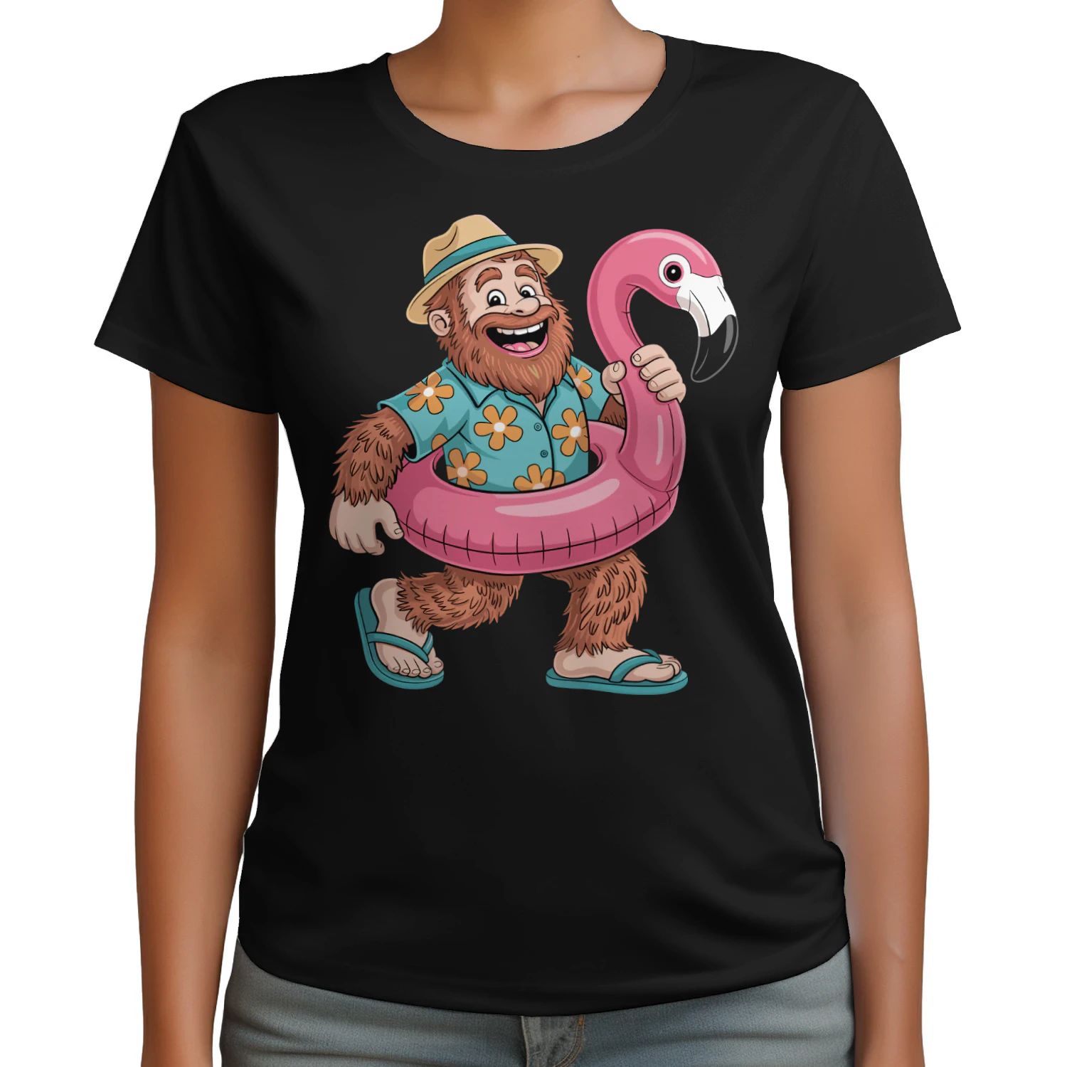 Funny Bigfoot Vacation Mode | Sasquatch Hawaiian Shirt & Flamingo Float