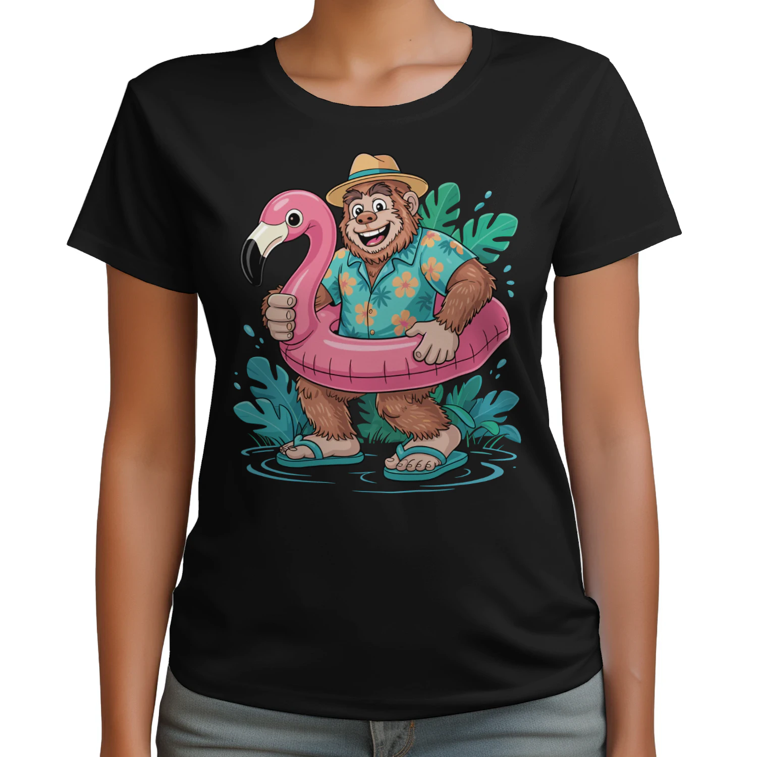 Funny Tropical Bigfoot Vacation | Sasquatch Hawaiian Shirt & Flamingo Float