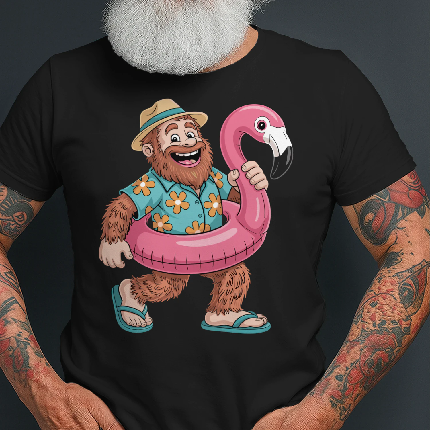 Funny Bigfoot Vacation Mode | Sasquatch Hawaiian Shirt & Flamingo Float