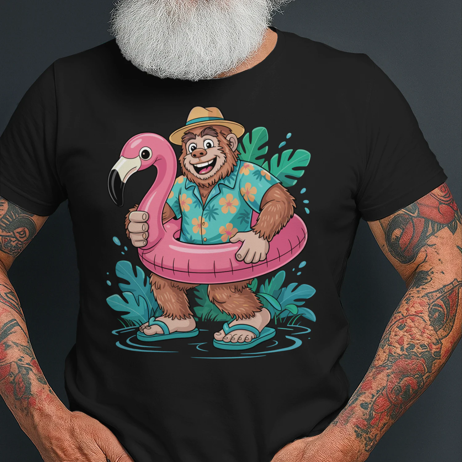 Funny Tropical Bigfoot Vacation | Sasquatch Hawaiian Shirt & Flamingo Float