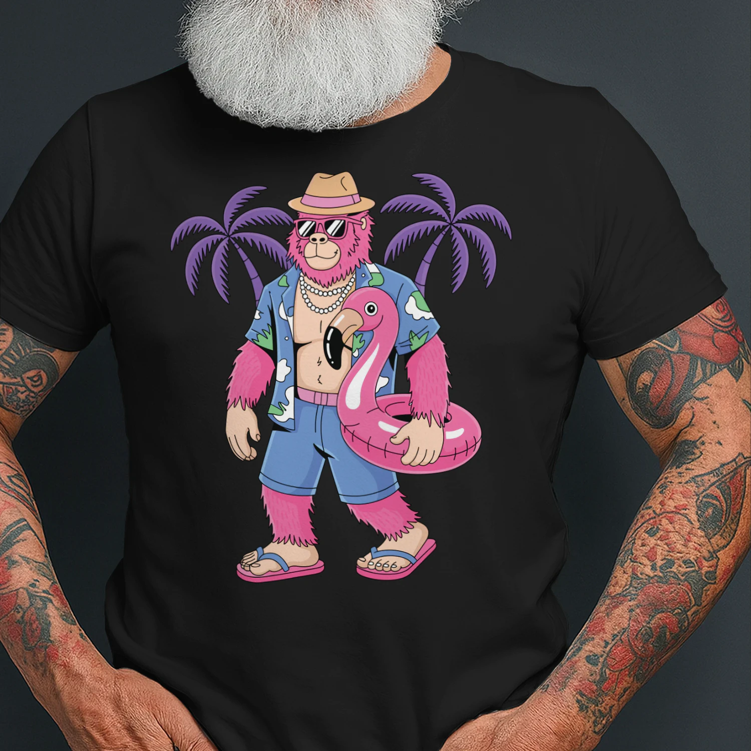 Cool Pink Bigfoot Tropical Vacation | Retro Sasquatch Beach & Cruise Outfit