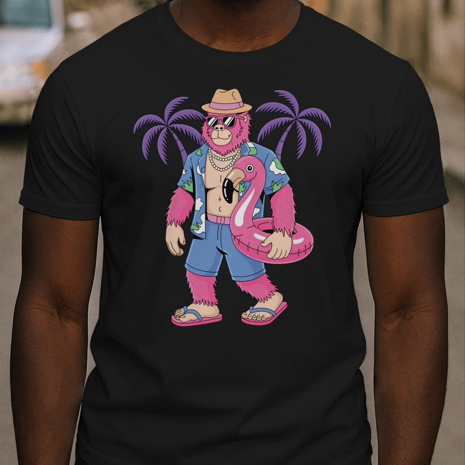Cool Pink Bigfoot Tropical Vacation | Retro Sasquatch Beach & Cruise Outfit