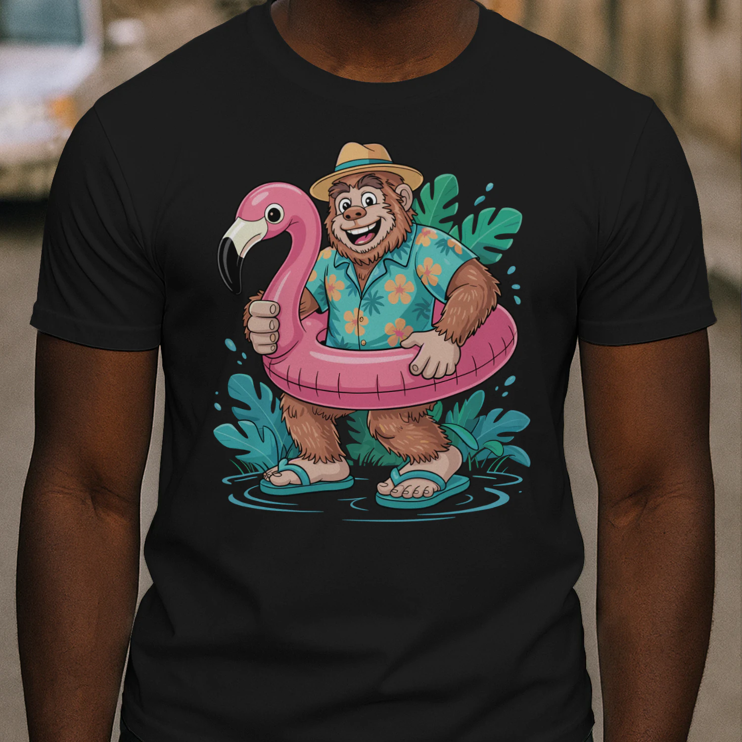 Funny Tropical Bigfoot Vacation | Sasquatch Hawaiian Shirt & Flamingo Float