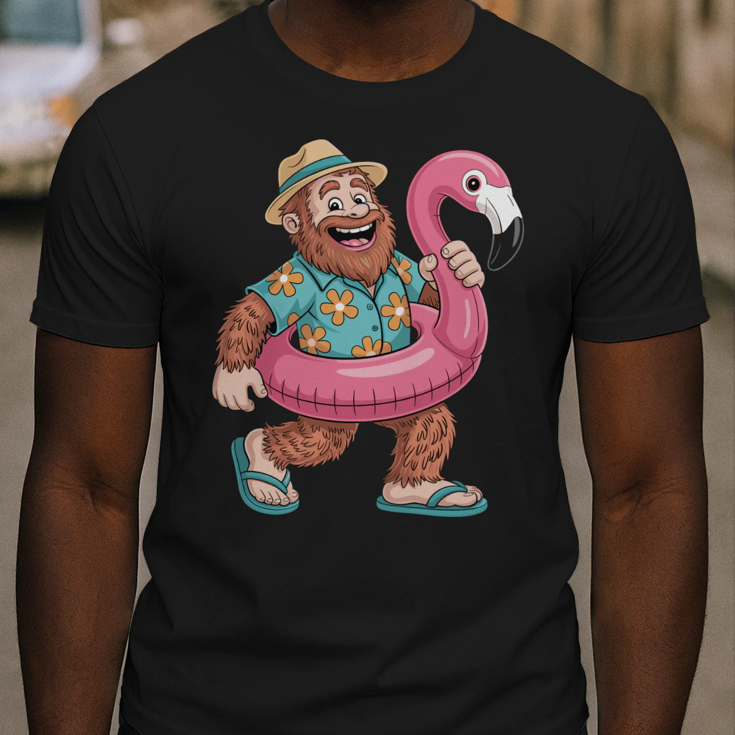 Funny Bigfoot Vacation Mode | Sasquatch Hawaiian Shirt & Flamingo Float