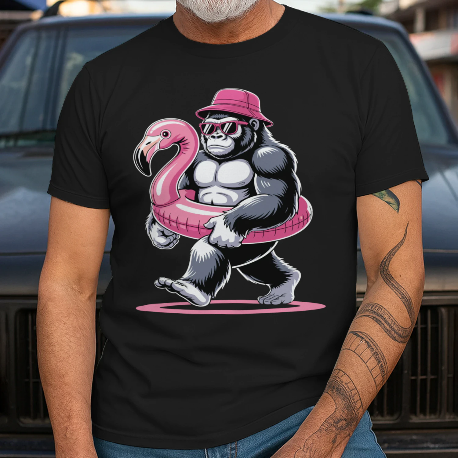 Cool Beach Gorilla Vacation | Funny Ape Bucket Hat & Flamingo Float Outfit