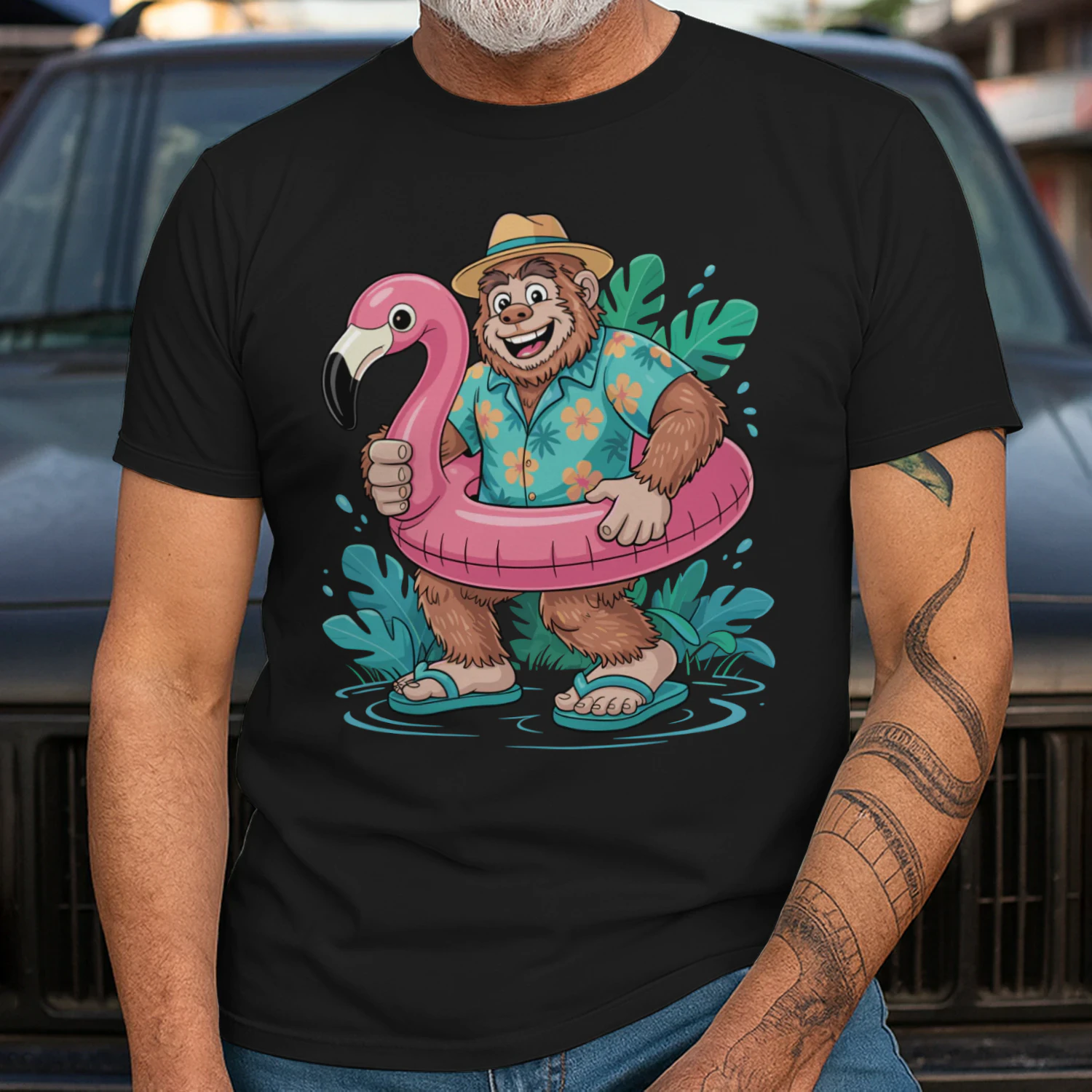Funny Tropical Bigfoot Vacation | Sasquatch Hawaiian Shirt & Flamingo Float