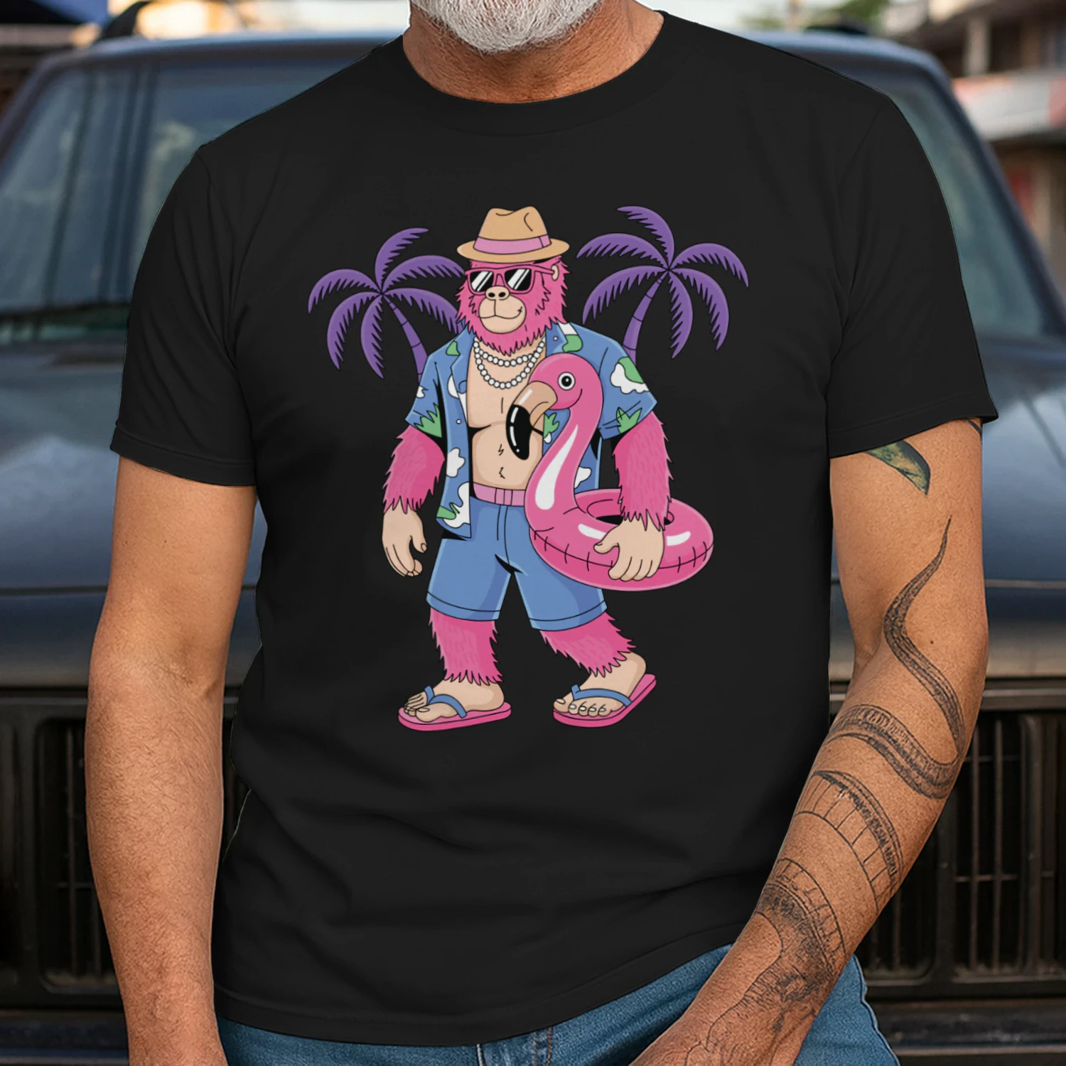 Cool Pink Bigfoot Tropical Vacation | Retro Sasquatch Beach & Cruise Outfit