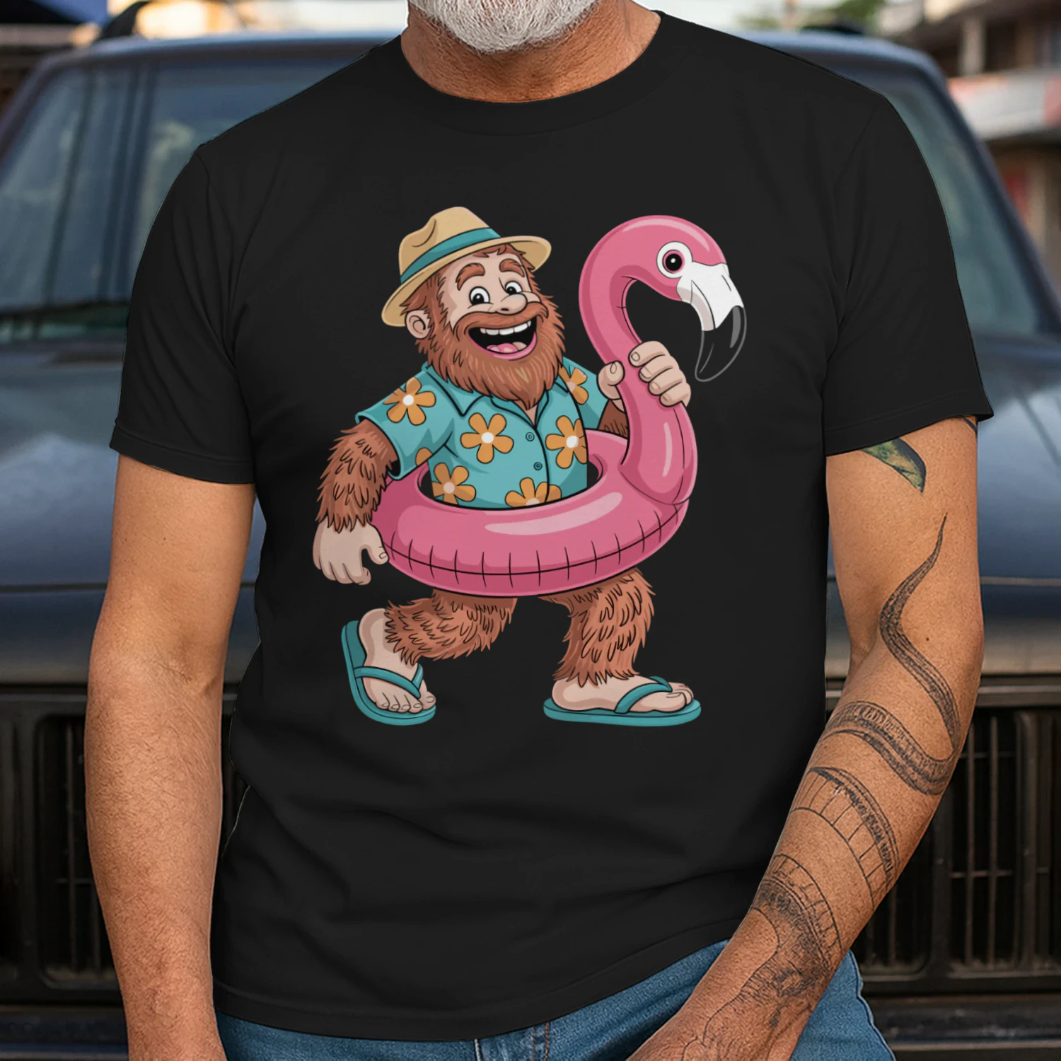 Funny Bigfoot Vacation Mode | Sasquatch Hawaiian Shirt & Flamingo Float