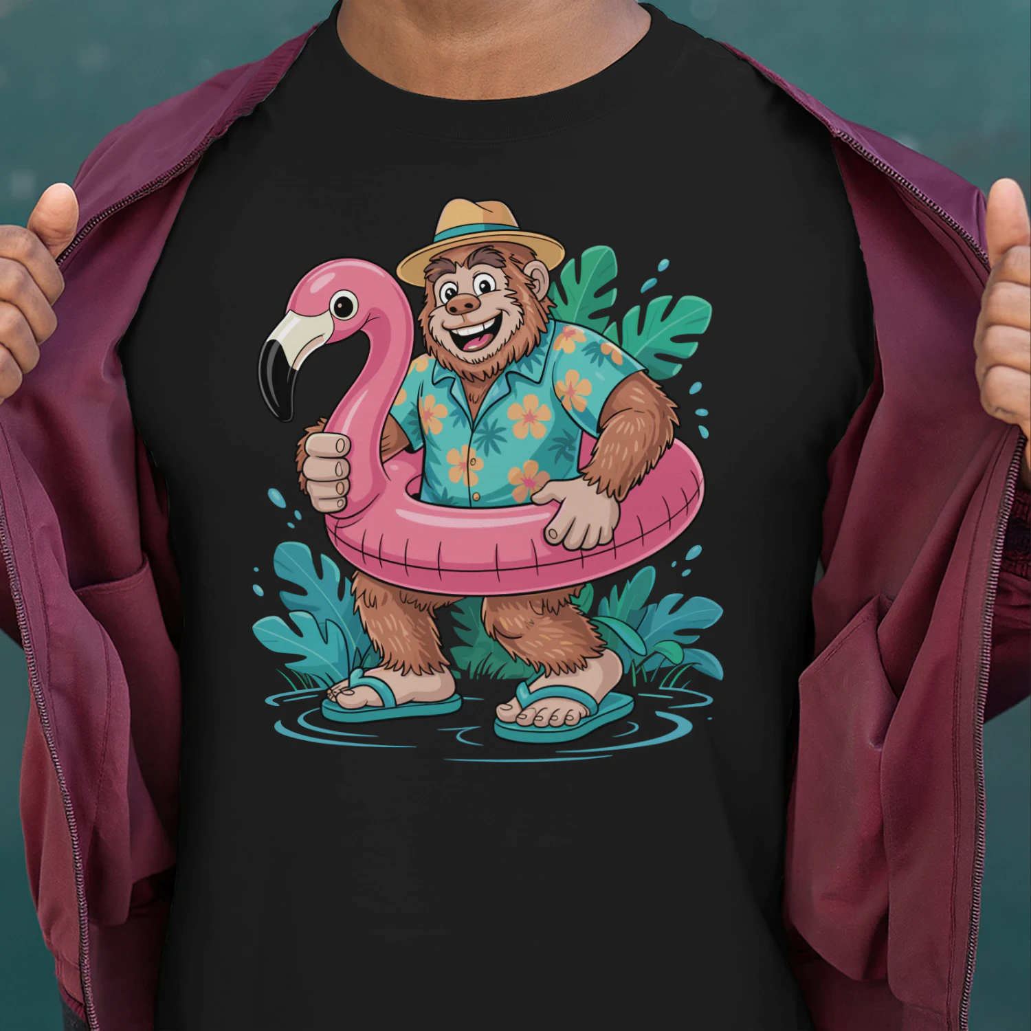 Funny Tropical Bigfoot Vacation | Sasquatch Hawaiian Shirt & Flamingo Float