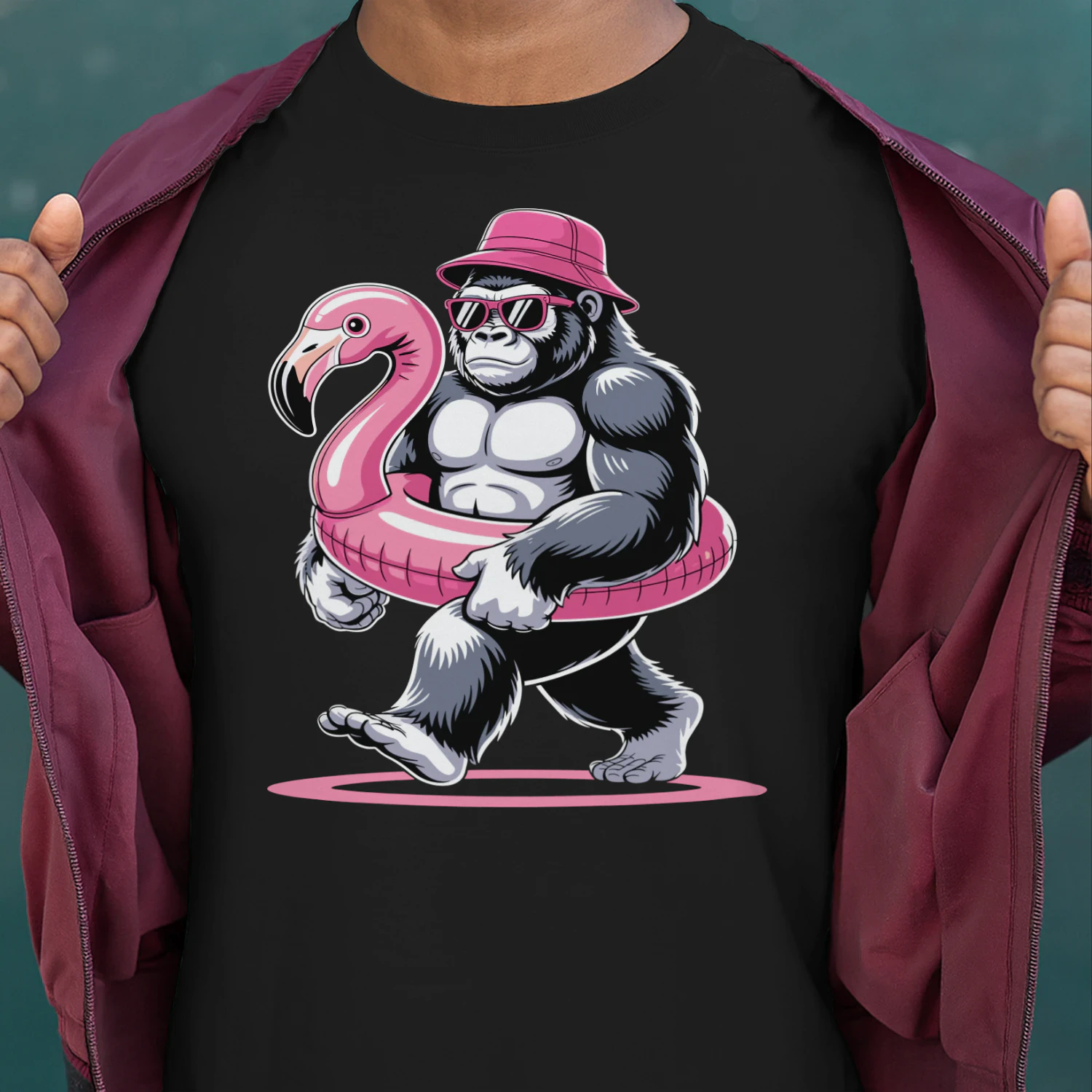 Cool Beach Gorilla Vacation | Funny Ape Bucket Hat & Flamingo Float Outfit