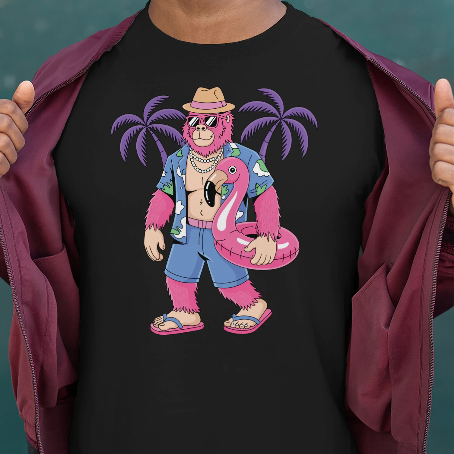 Cool Pink Bigfoot Tropical Vacation | Retro Sasquatch Beach & Cruise Outfit