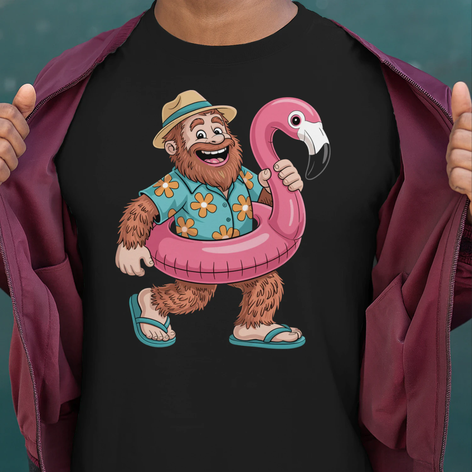 Funny Bigfoot Vacation Mode | Sasquatch Hawaiian Shirt & Flamingo Float