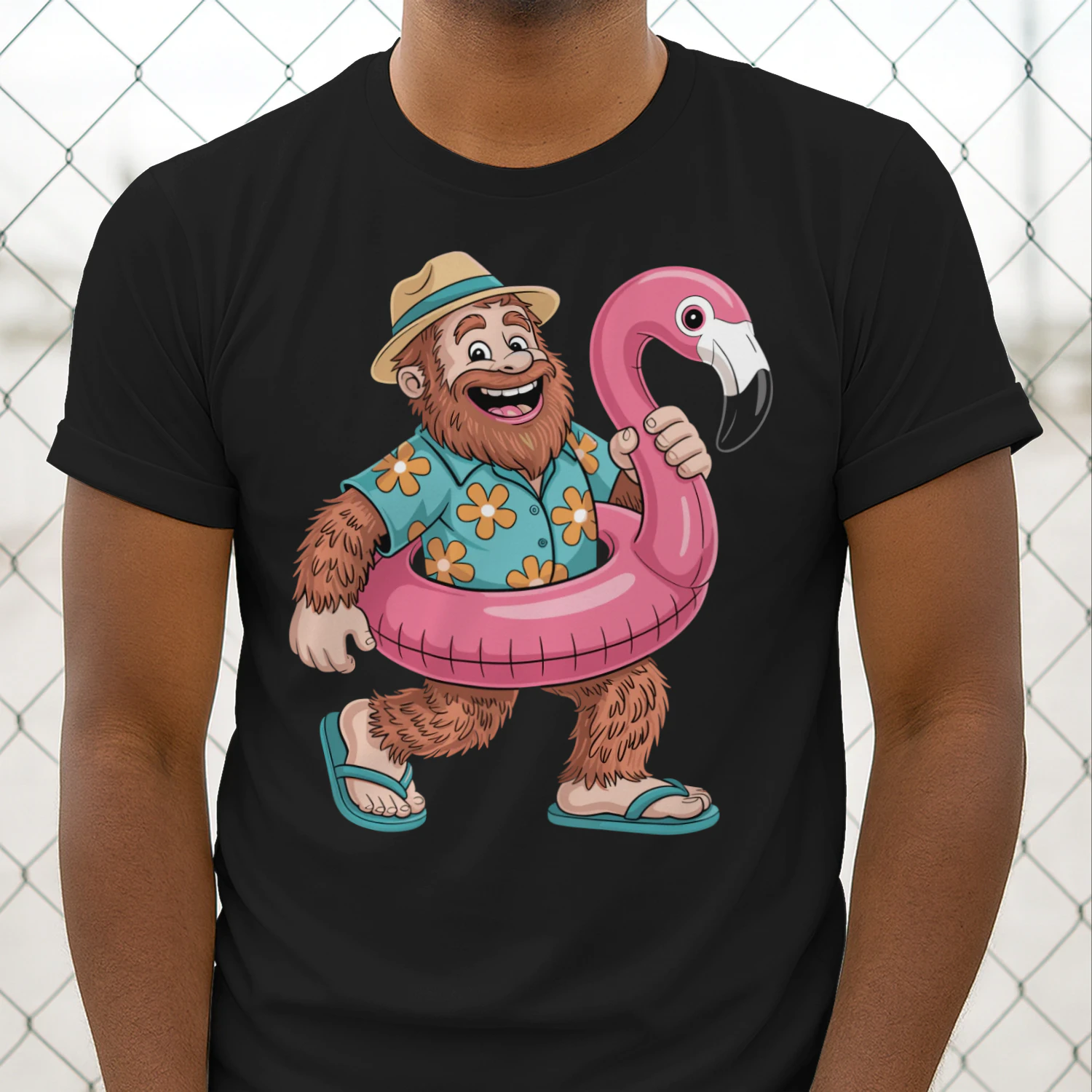 Funny Bigfoot Vacation Mode | Sasquatch Hawaiian Shirt & Flamingo Float