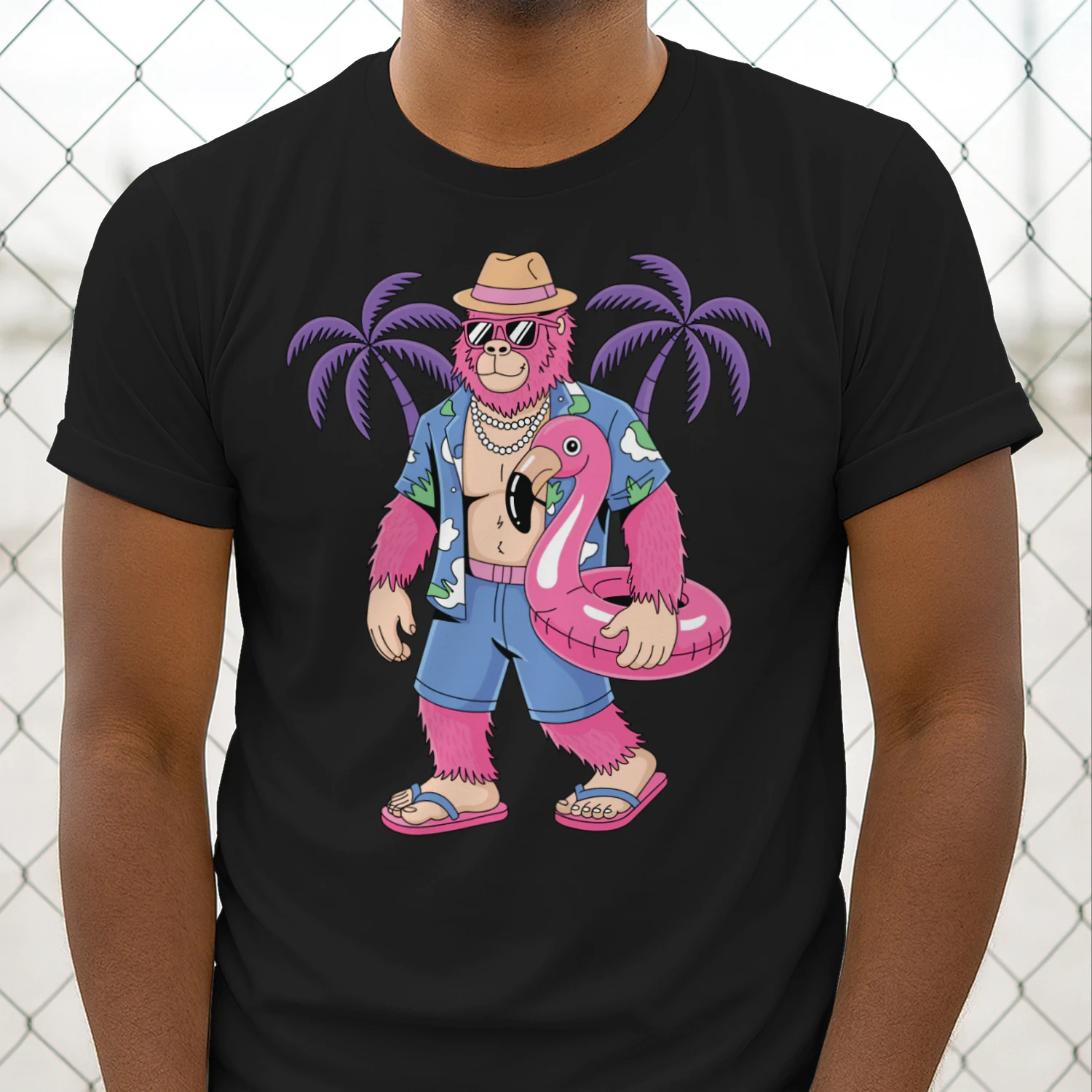 Cool Pink Bigfoot Tropical Vacation | Retro Sasquatch Beach & Cruise Outfit