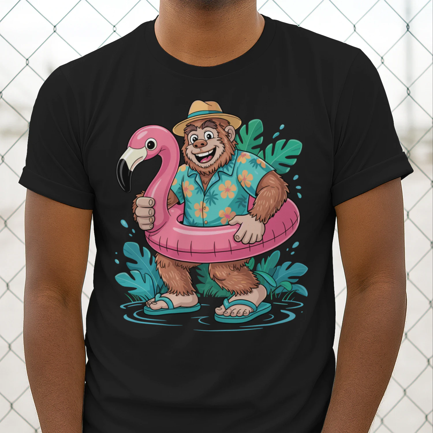 Funny Tropical Bigfoot Vacation | Sasquatch Hawaiian Shirt & Flamingo Float