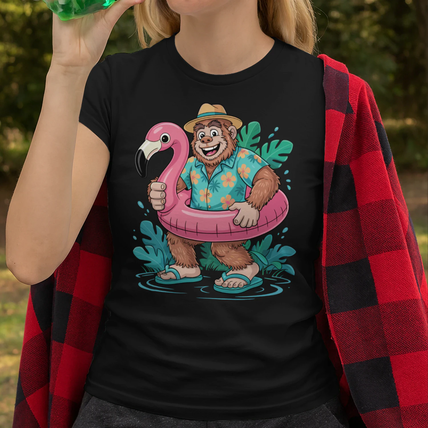 Funny Tropical Bigfoot Vacation | Sasquatch Hawaiian Shirt & Flamingo Float