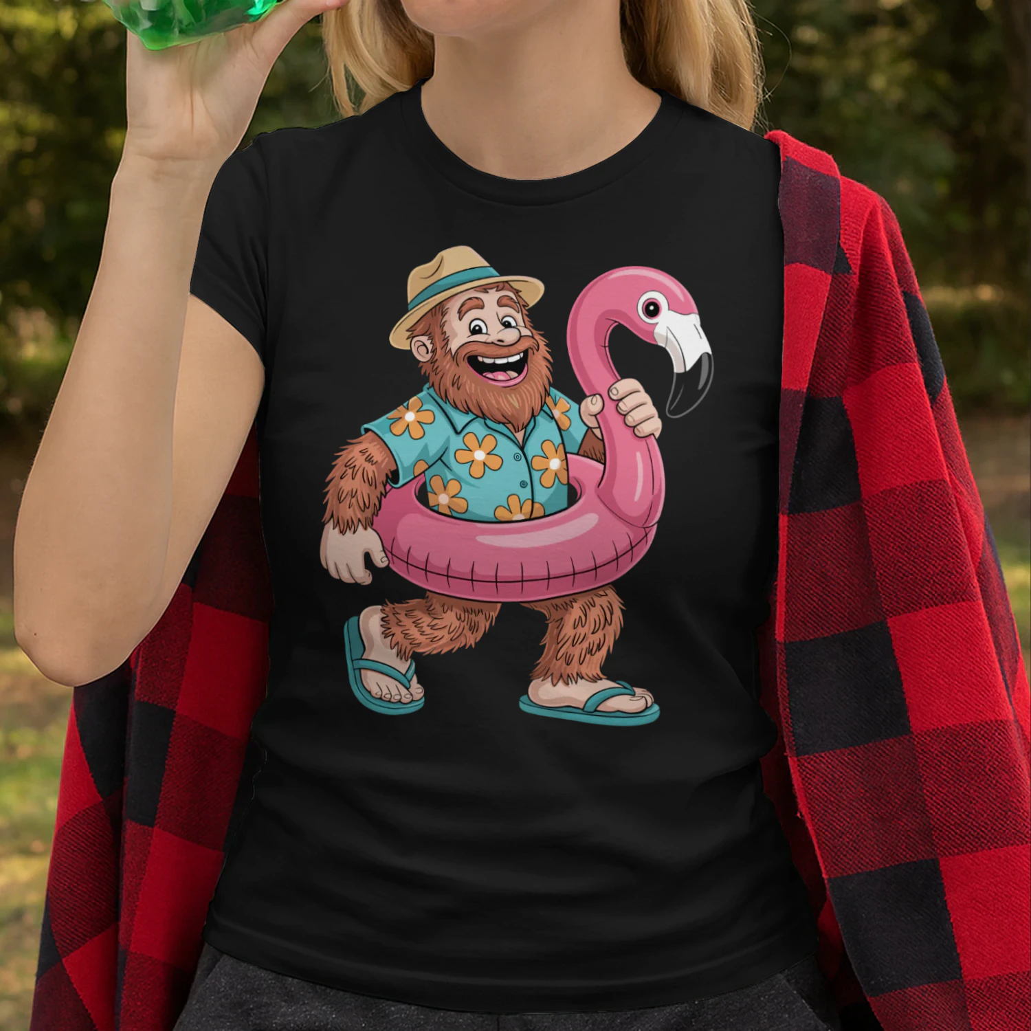 Funny Bigfoot Vacation Mode | Sasquatch Hawaiian Shirt & Flamingo Float