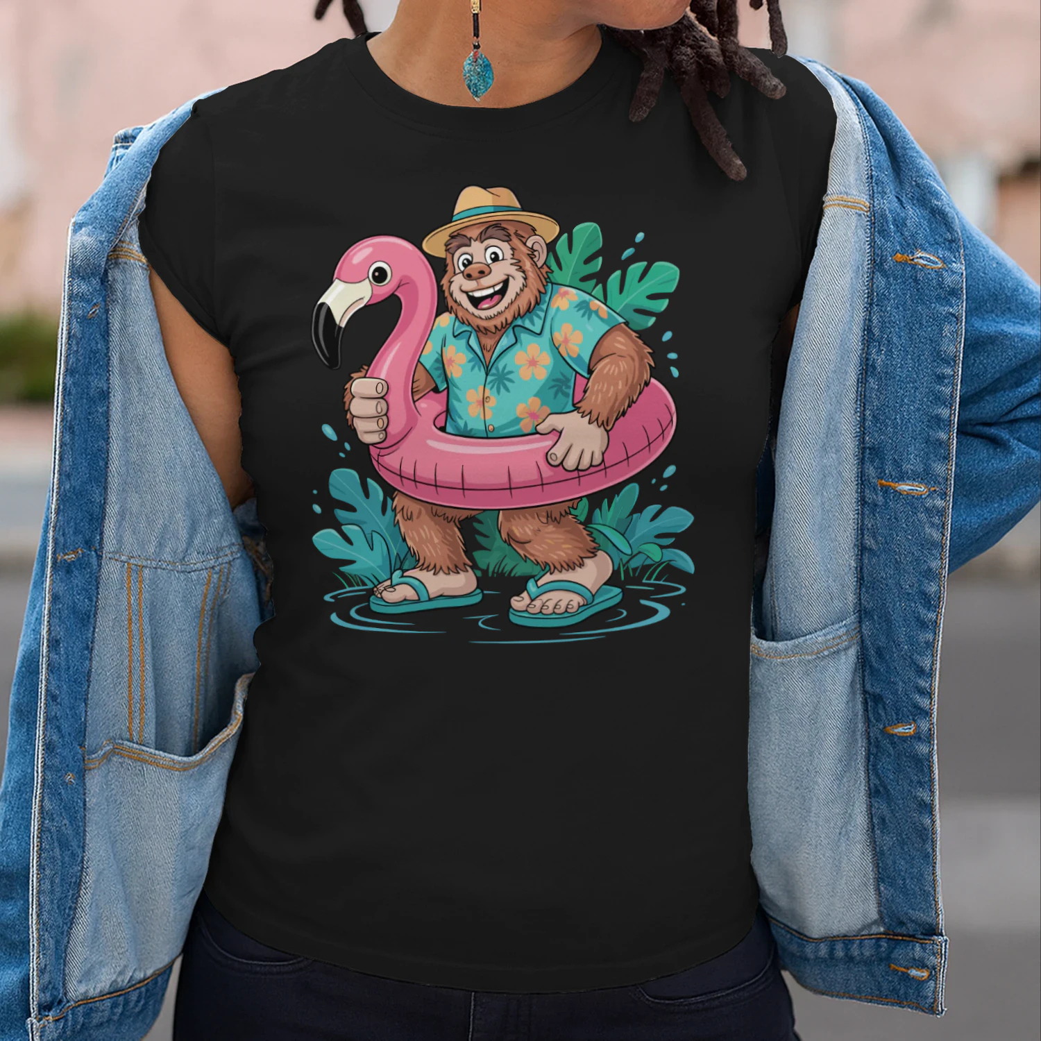 Funny Tropical Bigfoot Vacation | Sasquatch Hawaiian Shirt & Flamingo Float