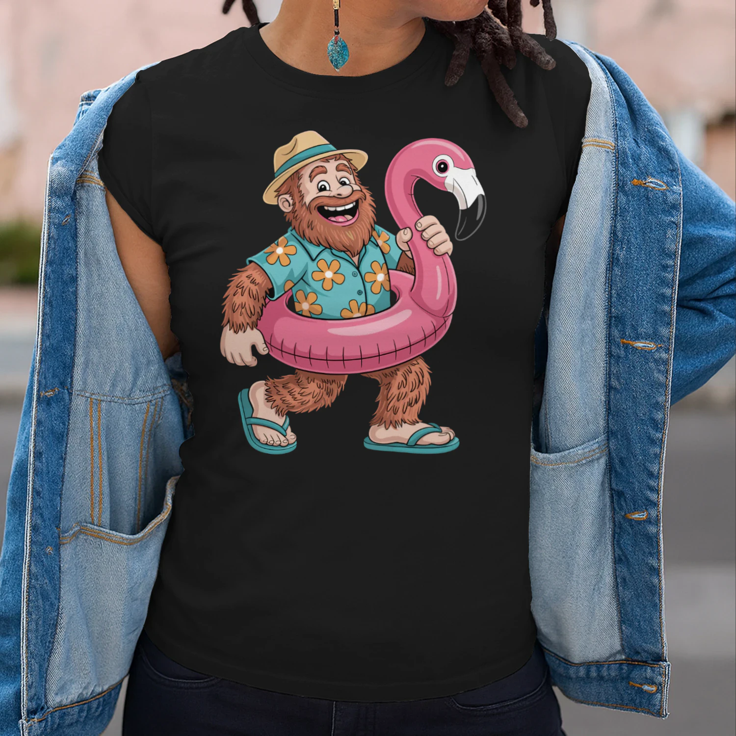 Funny Bigfoot Vacation Mode | Sasquatch Hawaiian Shirt & Flamingo Float