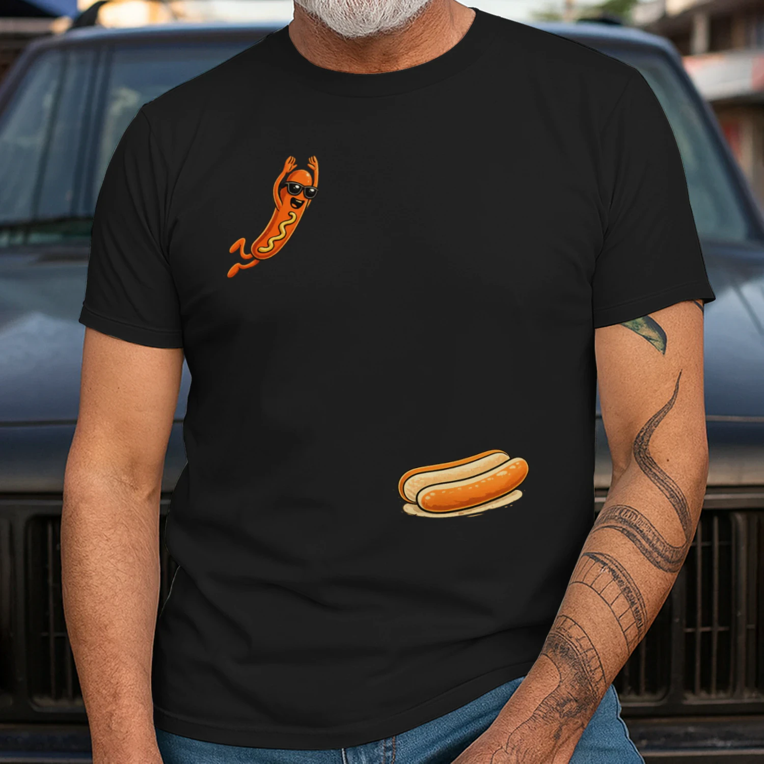 Funny Hot Dog Jumping Into Bun Sausage BBQ High Dive T-Shirt