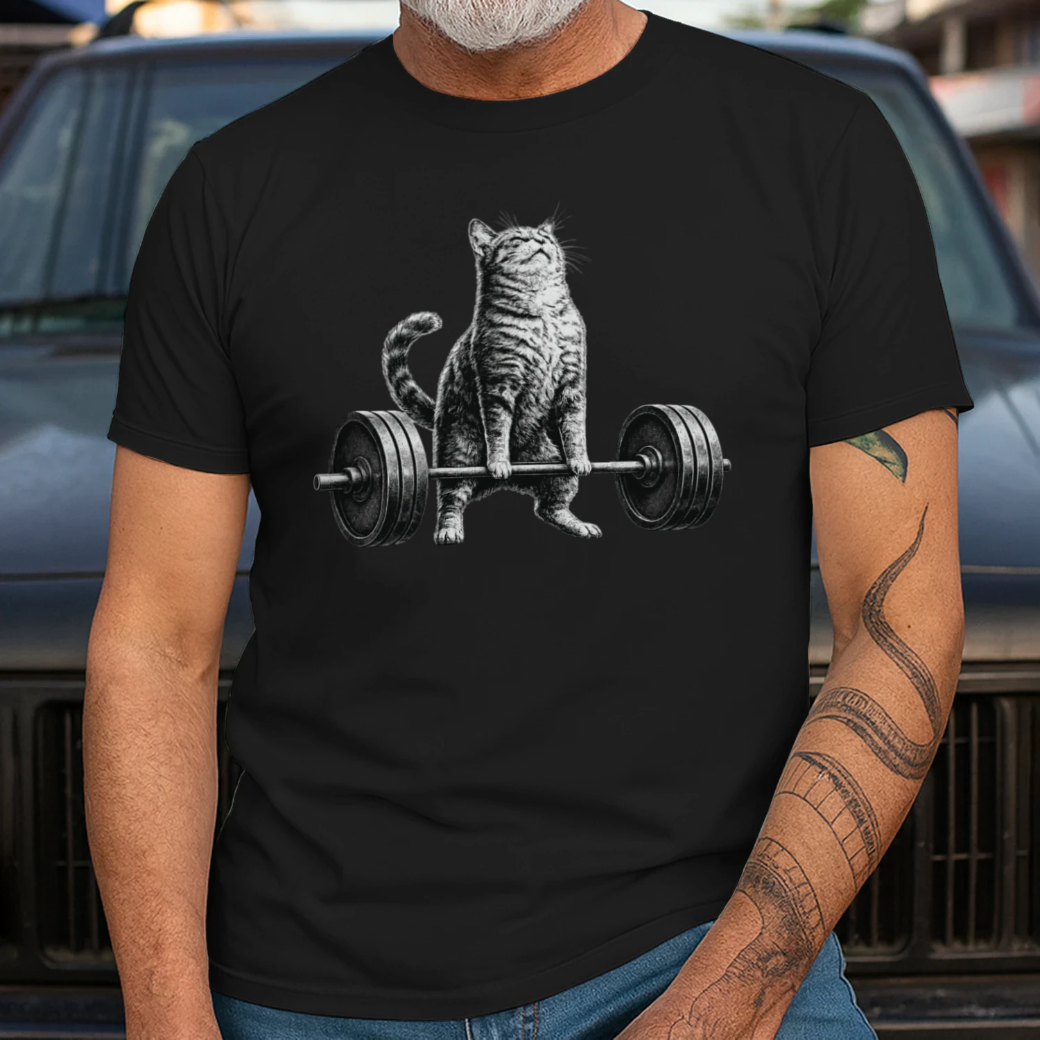 Retro Cat Deadlift Powerlifting Funny Gym Weight Lifting T-Shirt