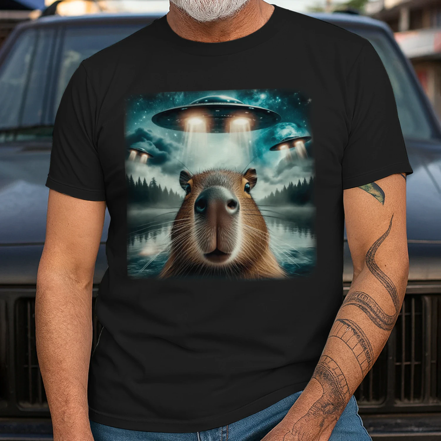 Funny Capybara Selfie with UFOs Weird Graphic Tee Alien UFO T-Shirt