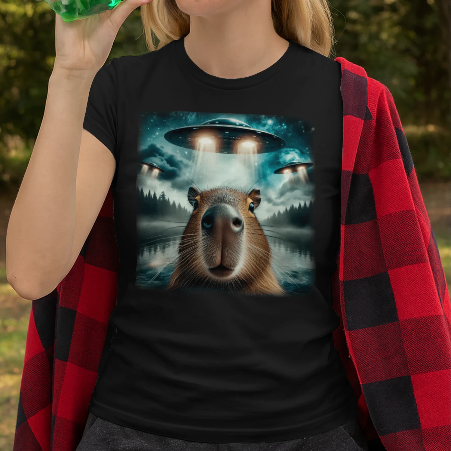 Funny Capybara Selfie with UFOs Weird Graphic Tee Alien UFO T-Shirt