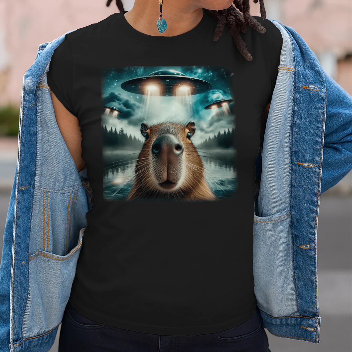 Funny Capybara Selfie with UFOs Weird Graphic Tee Alien UFO T-Shirt