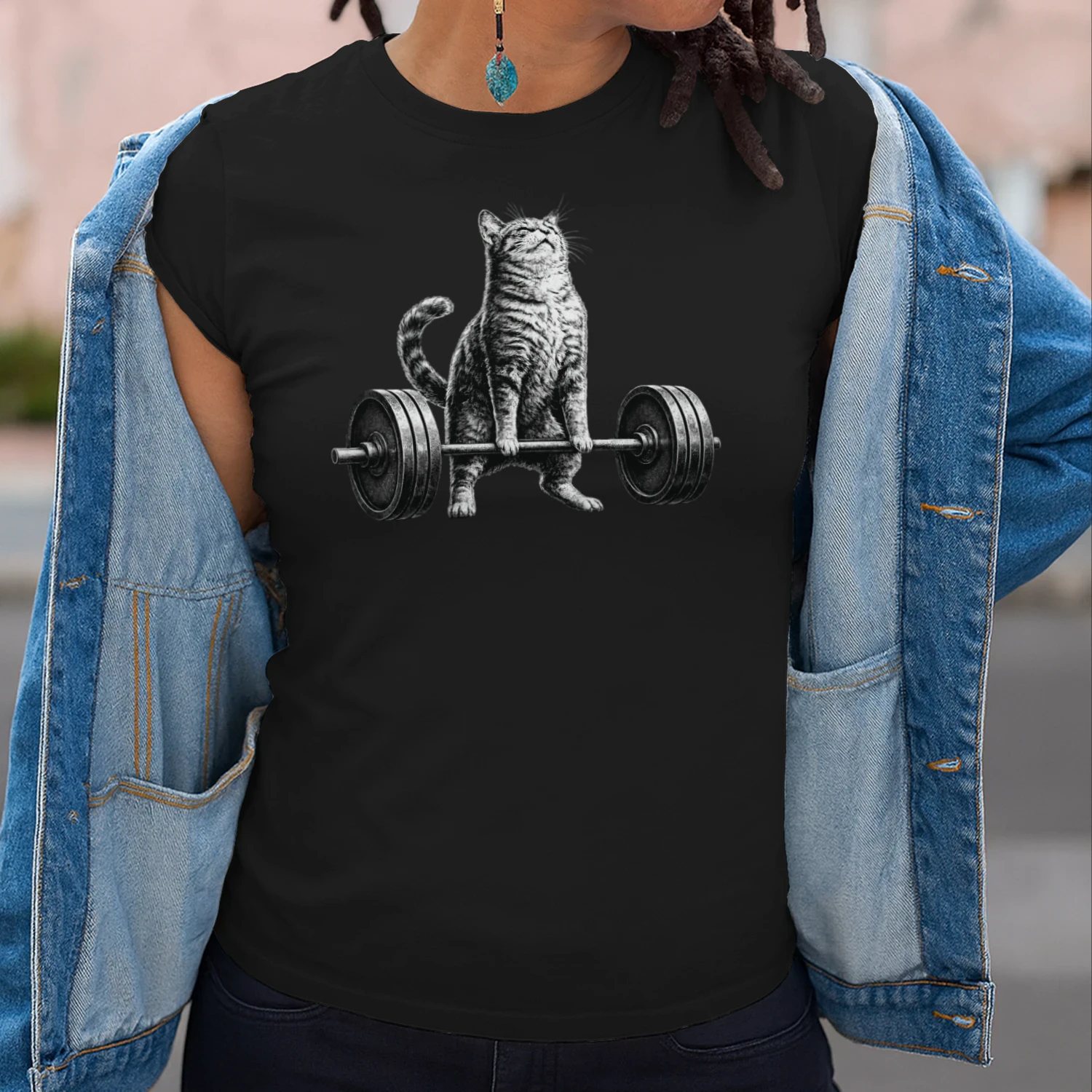 Retro Cat Deadlift Powerlifting Funny Gym Weight Lifting T-Shirt