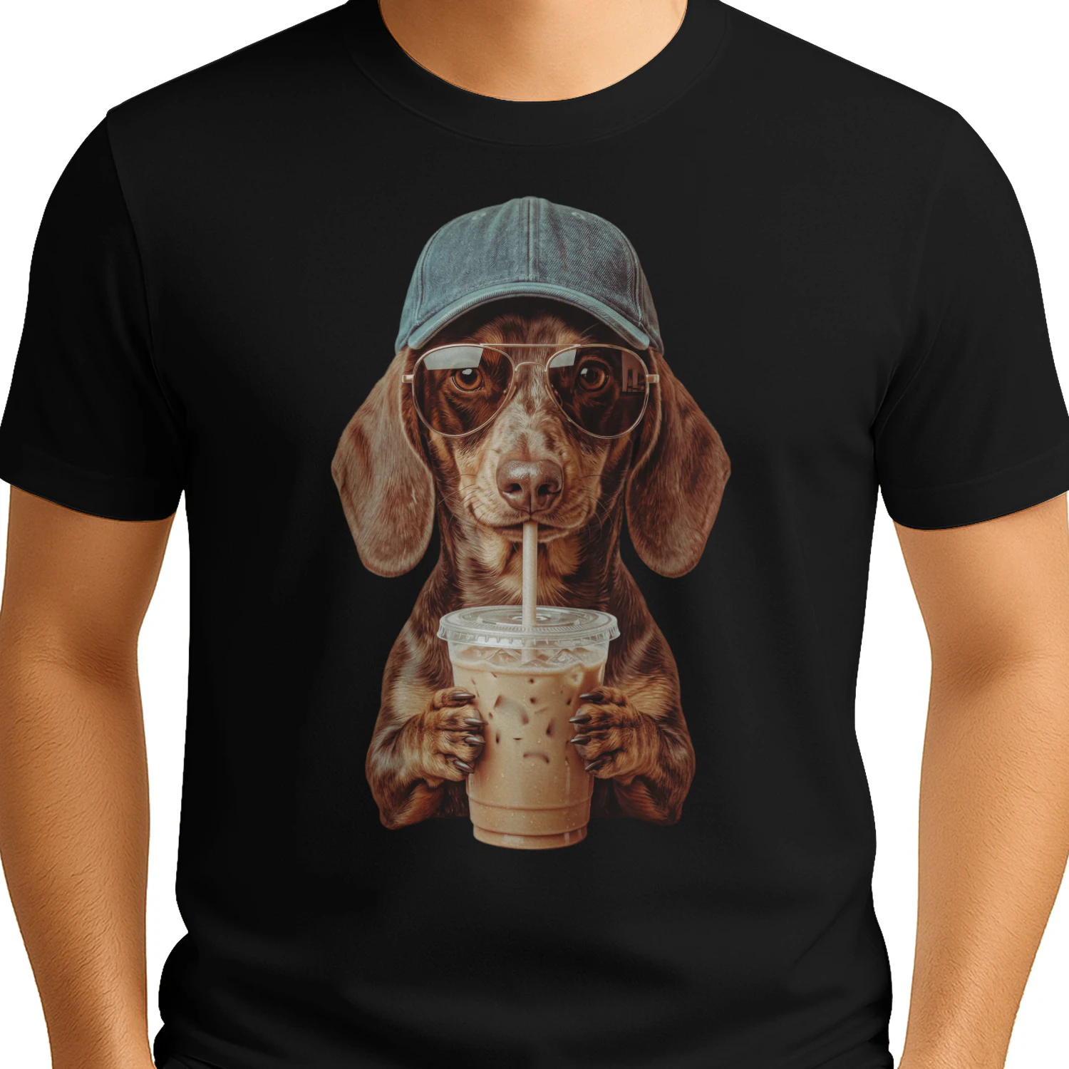 Funny Dachshund Hipster Dog Wiener Dog Drinking Iced Coffe
