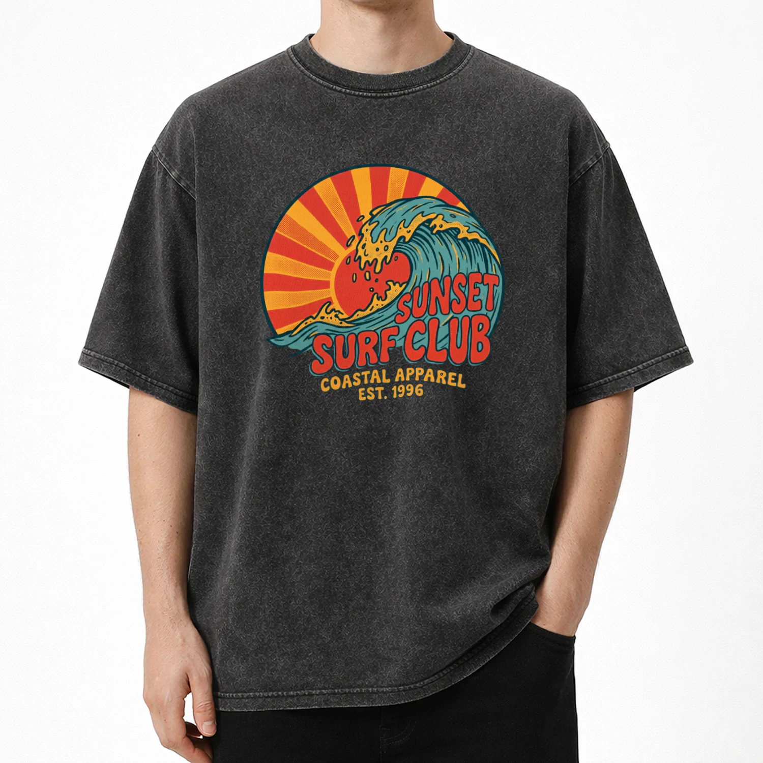 Sunset Surf Club Oversized Acid Wash Tee