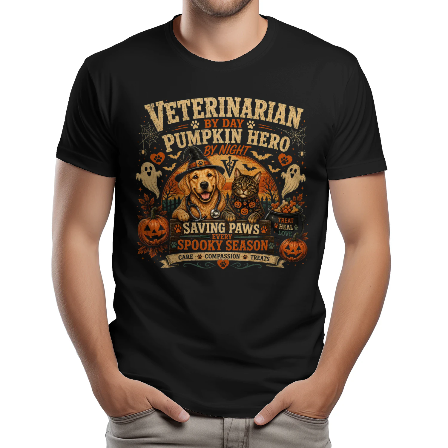 Proud Veterinarian Halloween Shirt for Men | Pumpkin Hero Vet Tee
