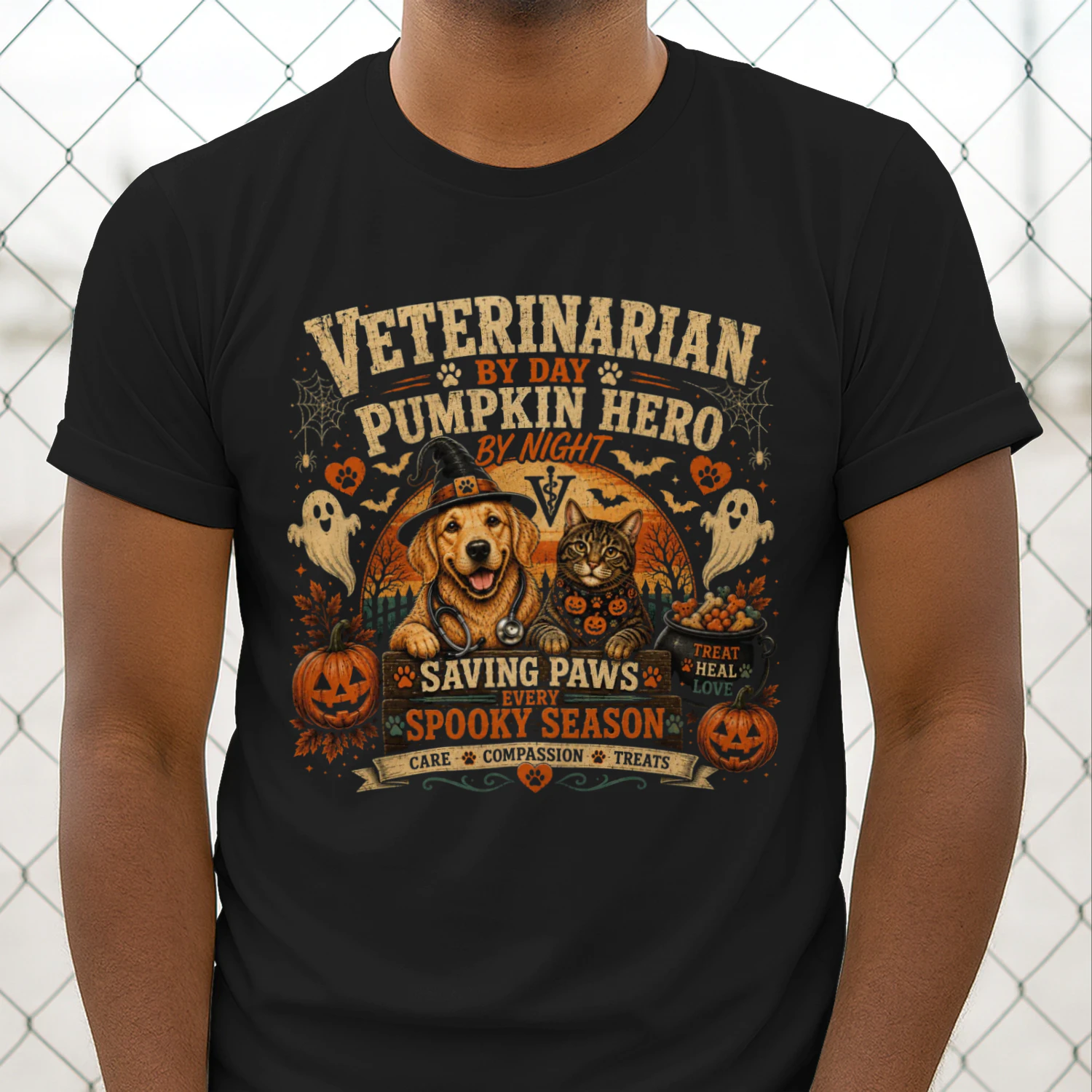 Proud Veterinarian Halloween Shirt for Men | Pumpkin Hero Vet Tee