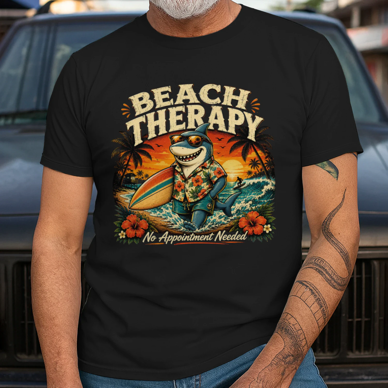 Beach Please Funny Shark Surf Shirt for Men | Vintage Summer Beach Graphic Tee