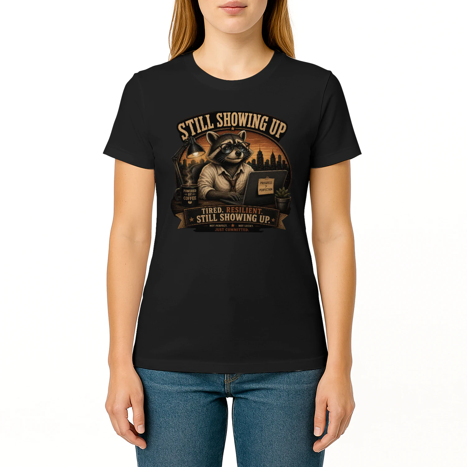 Still Showing Up Shirt | Vintage Raccoon Motivation T-Shirt | Tired Resilient Still Showing Up | Progress Over Perfection | Coffee Lover Graphic Tee