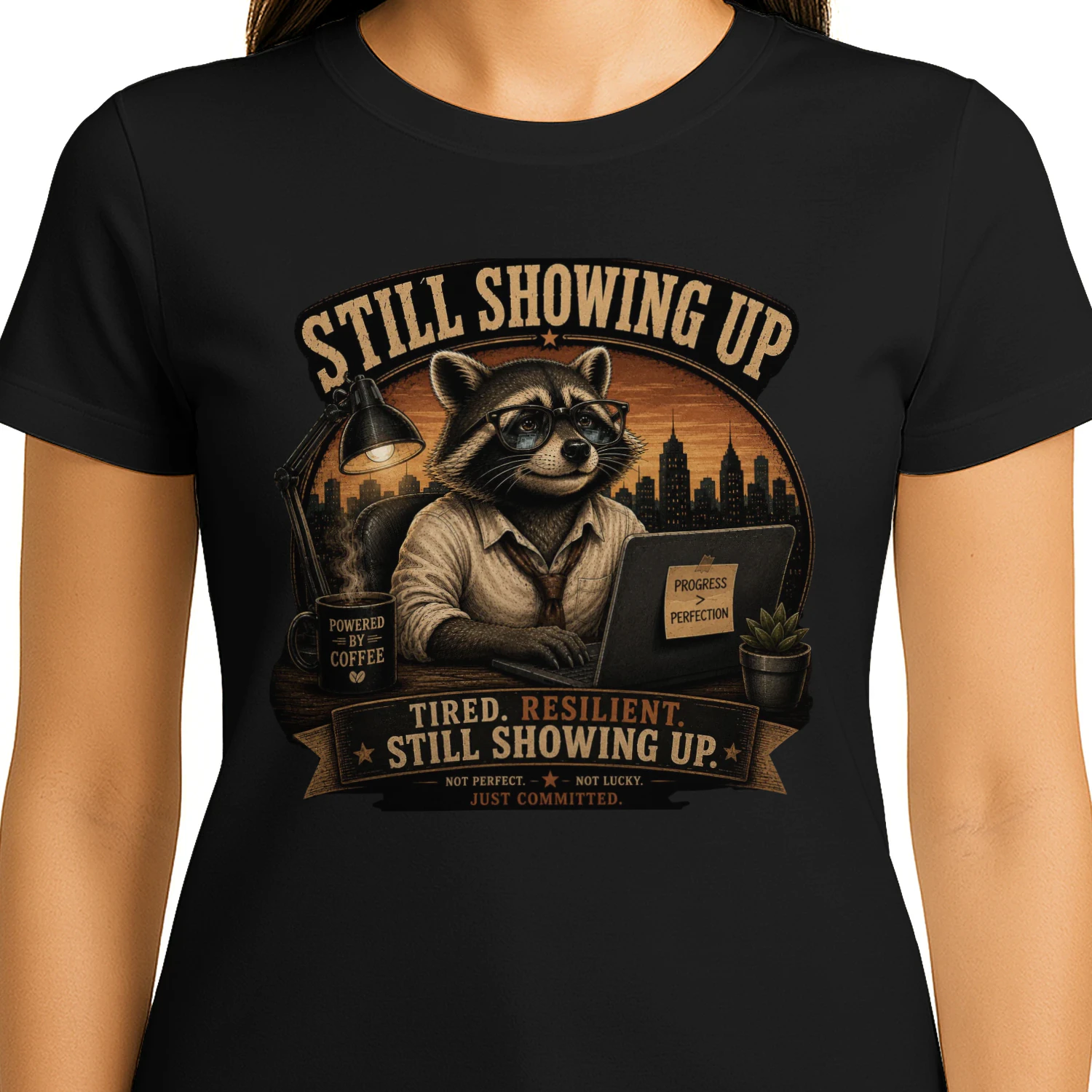 Still Showing Up Shirt | Vintage Raccoon Motivation T-Shirt | Tired Resilient Still Showing Up | Progress Over Perfection | Coffee Lover Graphic Tee
