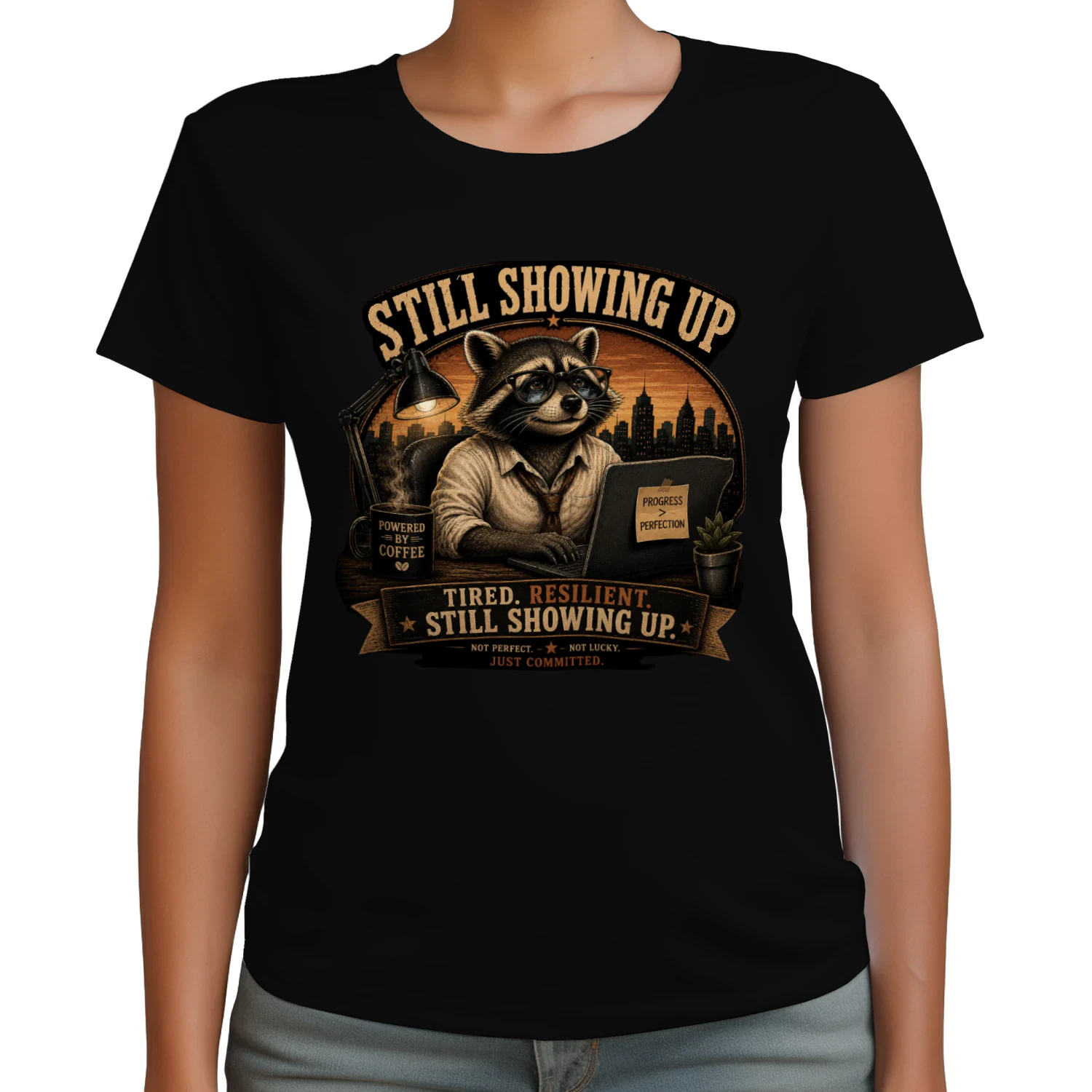 Still Showing Up Shirt | Vintage Raccoon Motivation T-Shirt | Tired Resilient Still Showing Up | Progress Over Perfection | Coffee Lover Graphic Tee