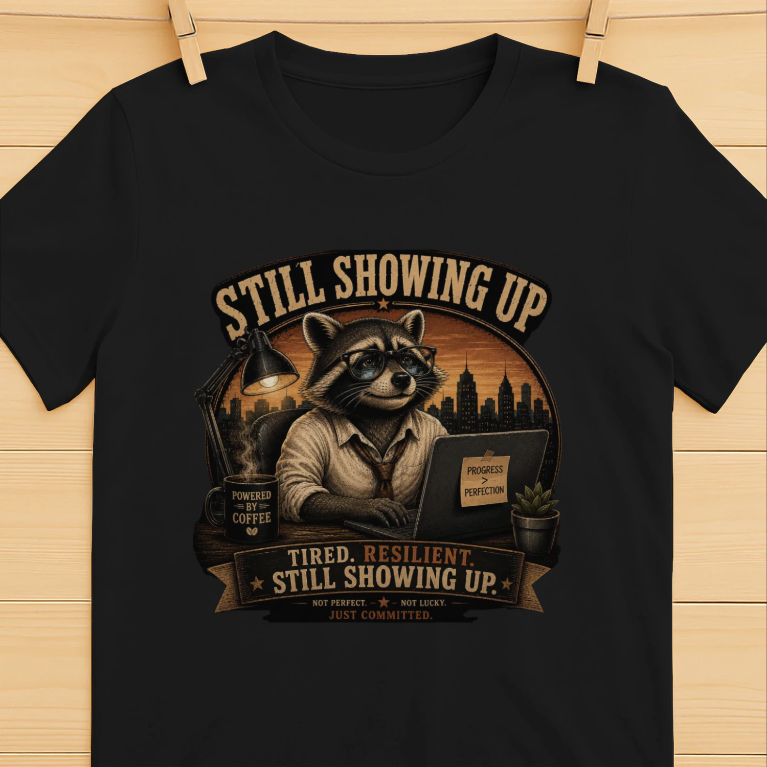 Still Showing Up Shirt | Vintage Raccoon Motivation T-Shirt | Tired Resilient Still Showing Up | Progress Over Perfection | Coffee Lover Graphic Tee